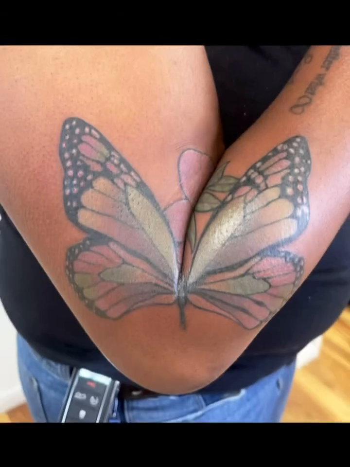 Butterfly and flowers fine line tattoo by Eldaddy