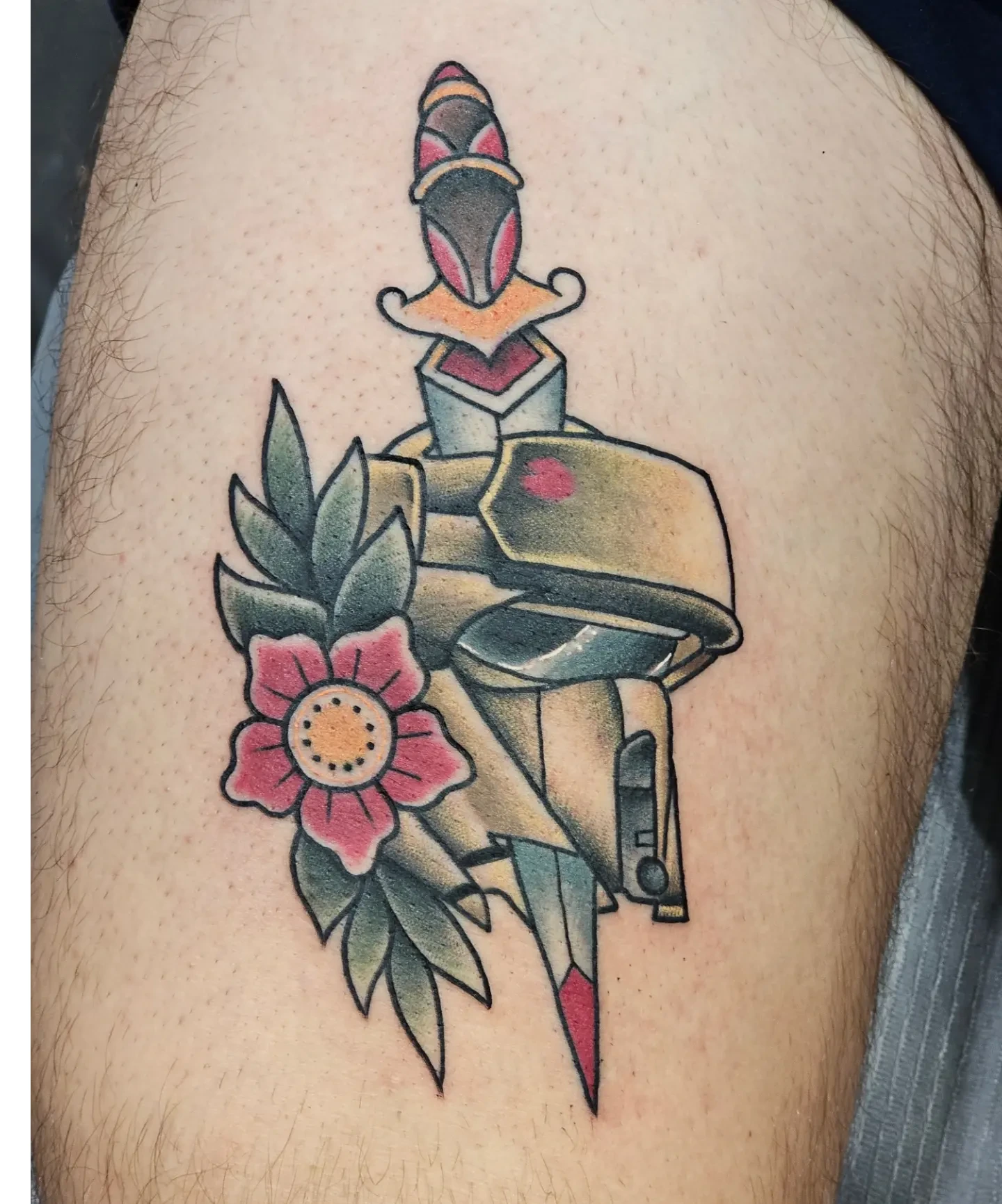 Mecha tank with flower American traditional tattoo on the thigh by BZ Artistry