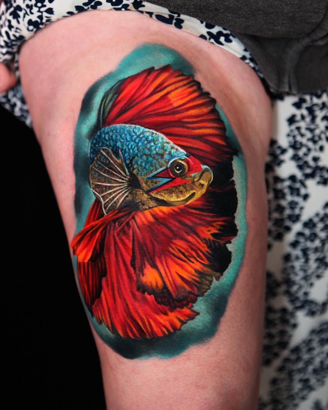 Betta fish realism tattoo on the thigh by Austin tattoo artist