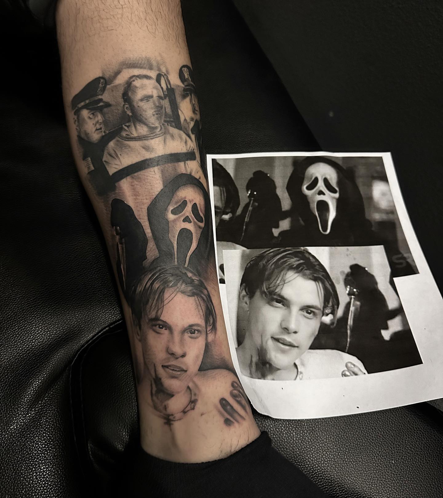 Scream characters black and grey tattoo on the forearm by Tattoosxjoseph