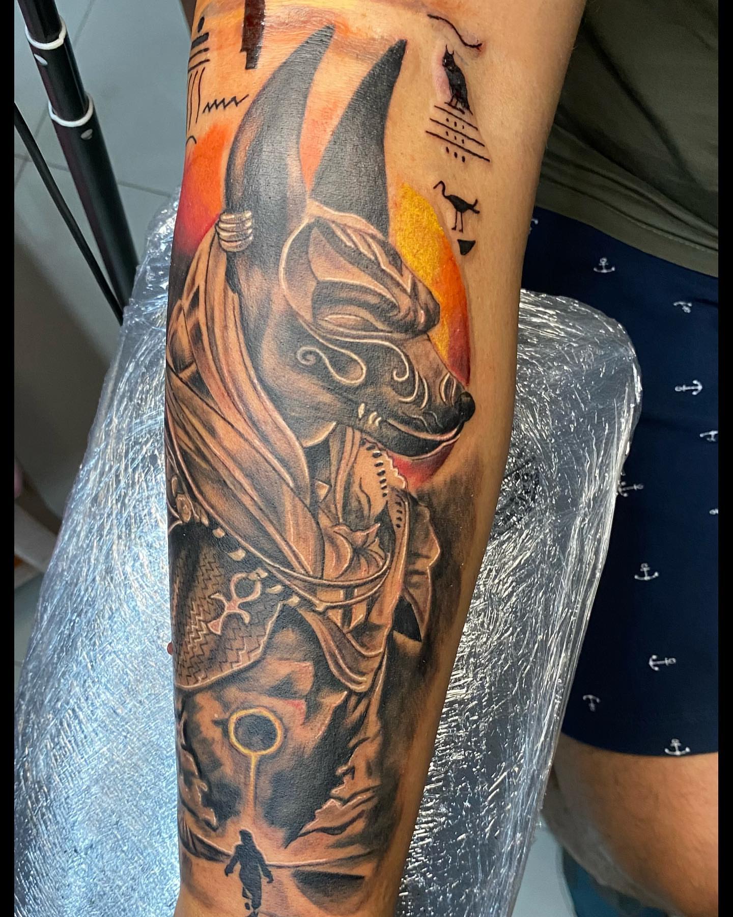 Anubis head realism tattoo on the forearm by Gabriel Garcia