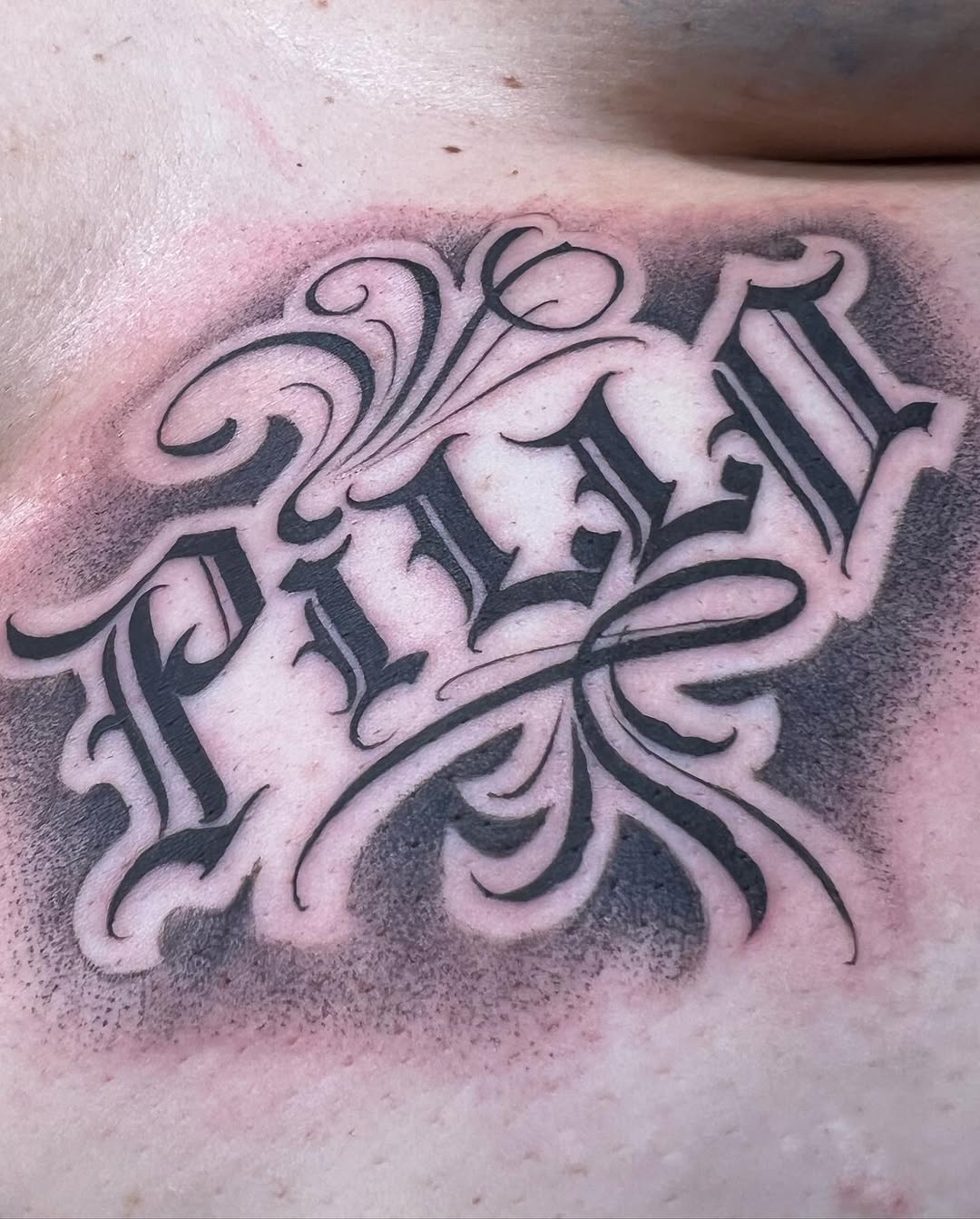 Tattoo by @arlingtonink_nickochoa — lettering_script, chicano