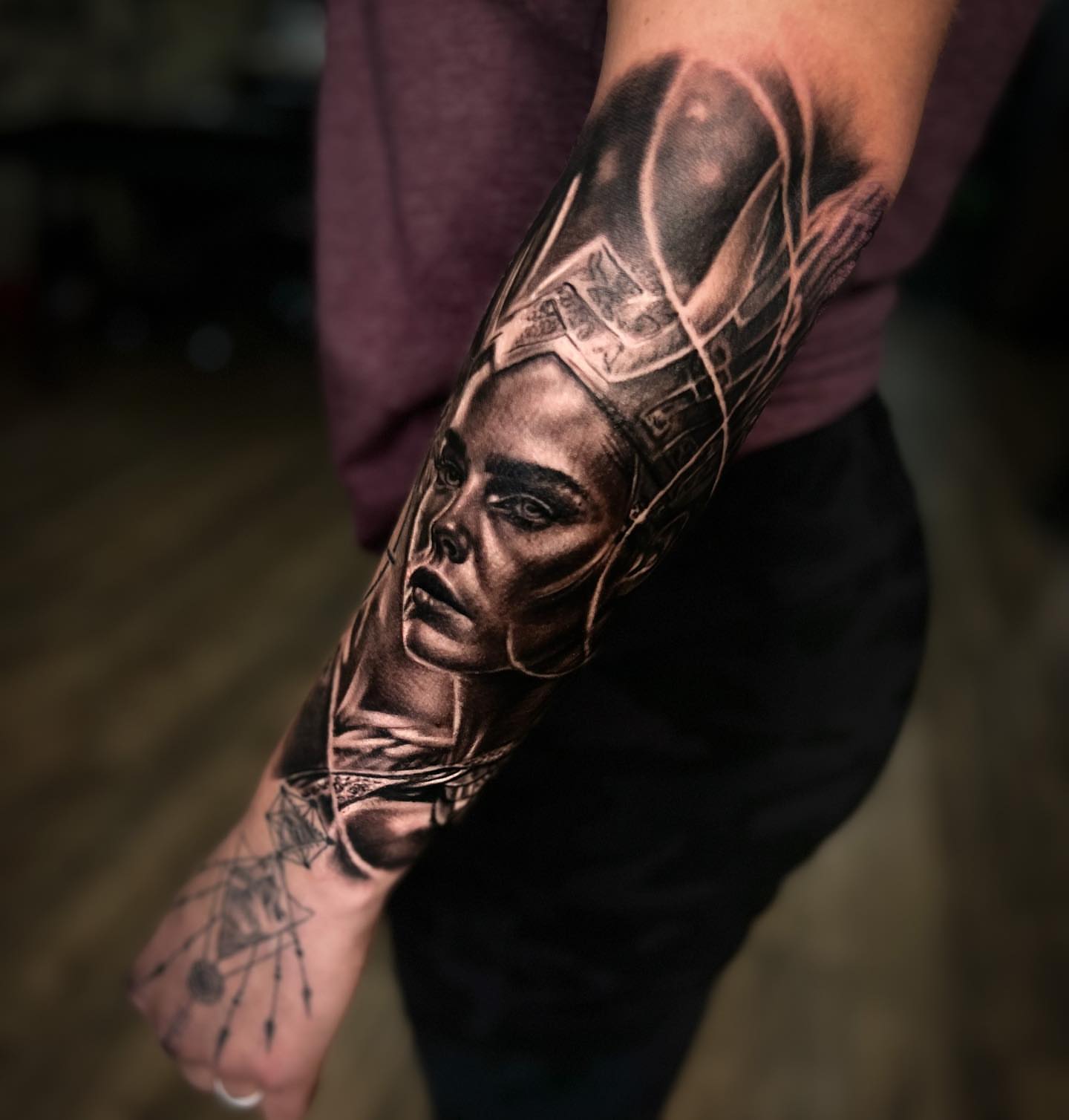Woman's face realism tattoo on the forearm by Aaron, Milwaukee, Wisconsin