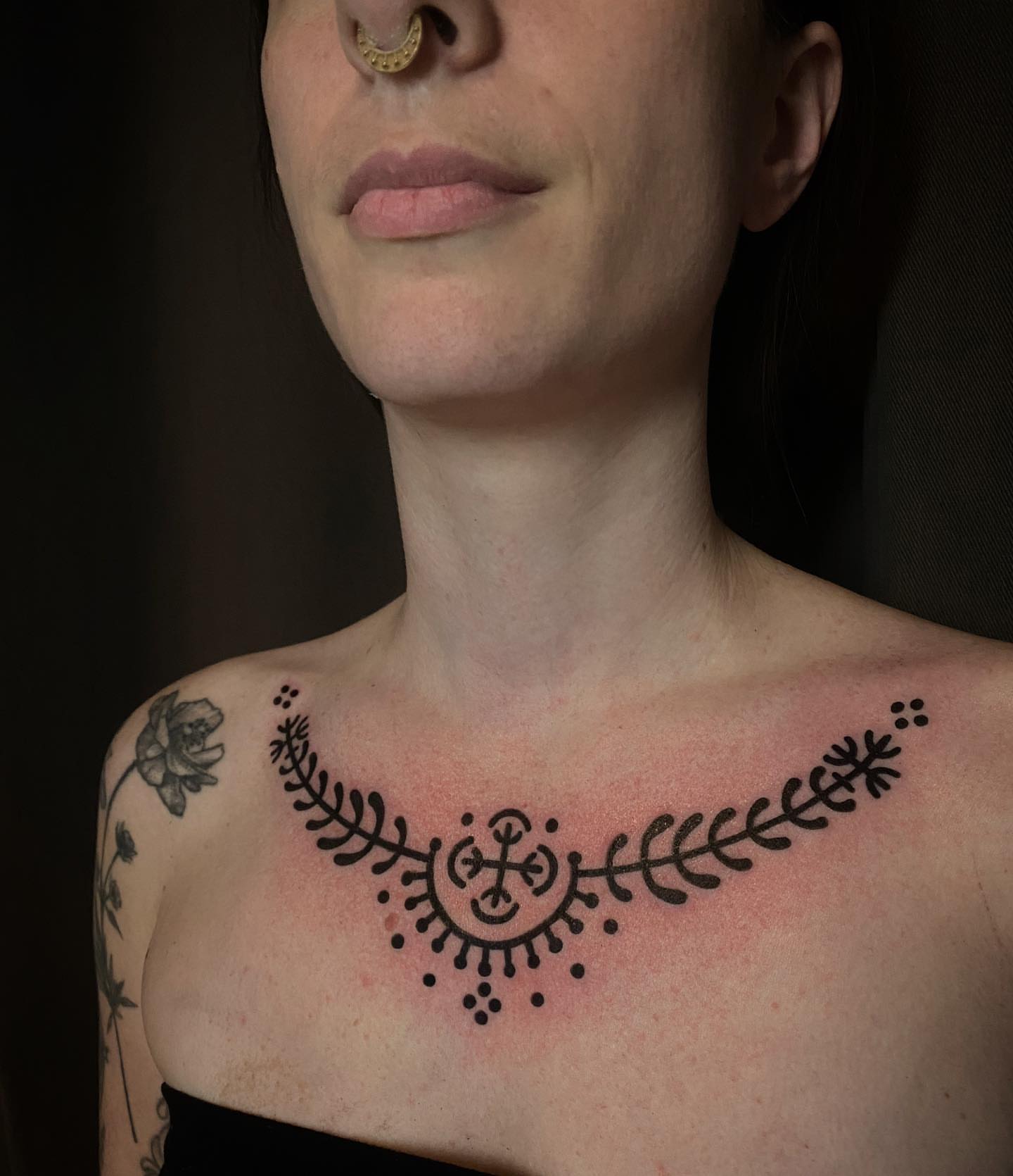 Necklace black and grey tattoo on the neck by Britney Goodman