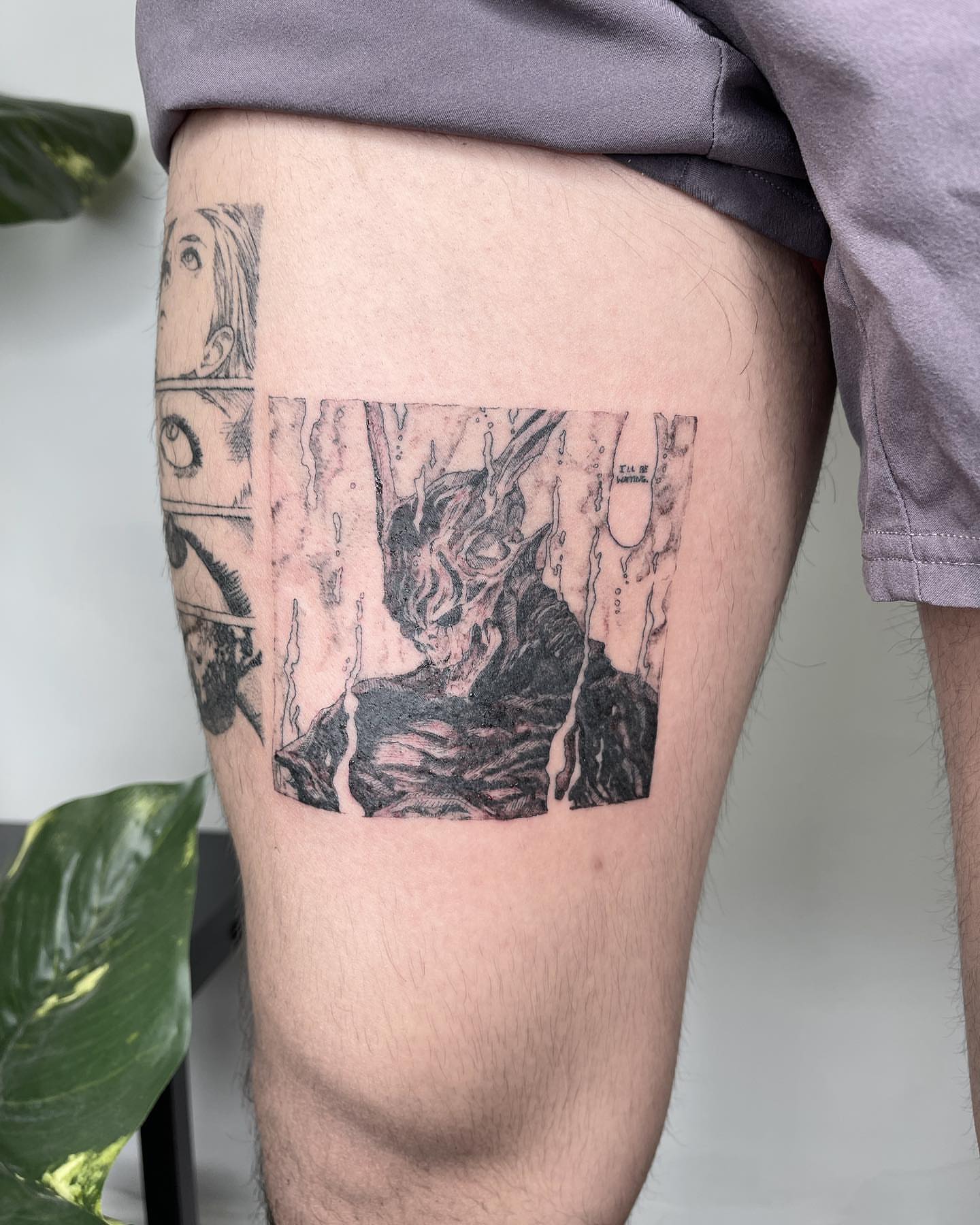 Demon dark realism tattoo on the thigh by sanjai