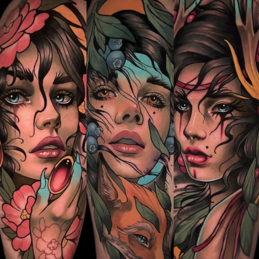 Portraits of women with nature elements neo-traditional tattoo on the forearm by Andrey