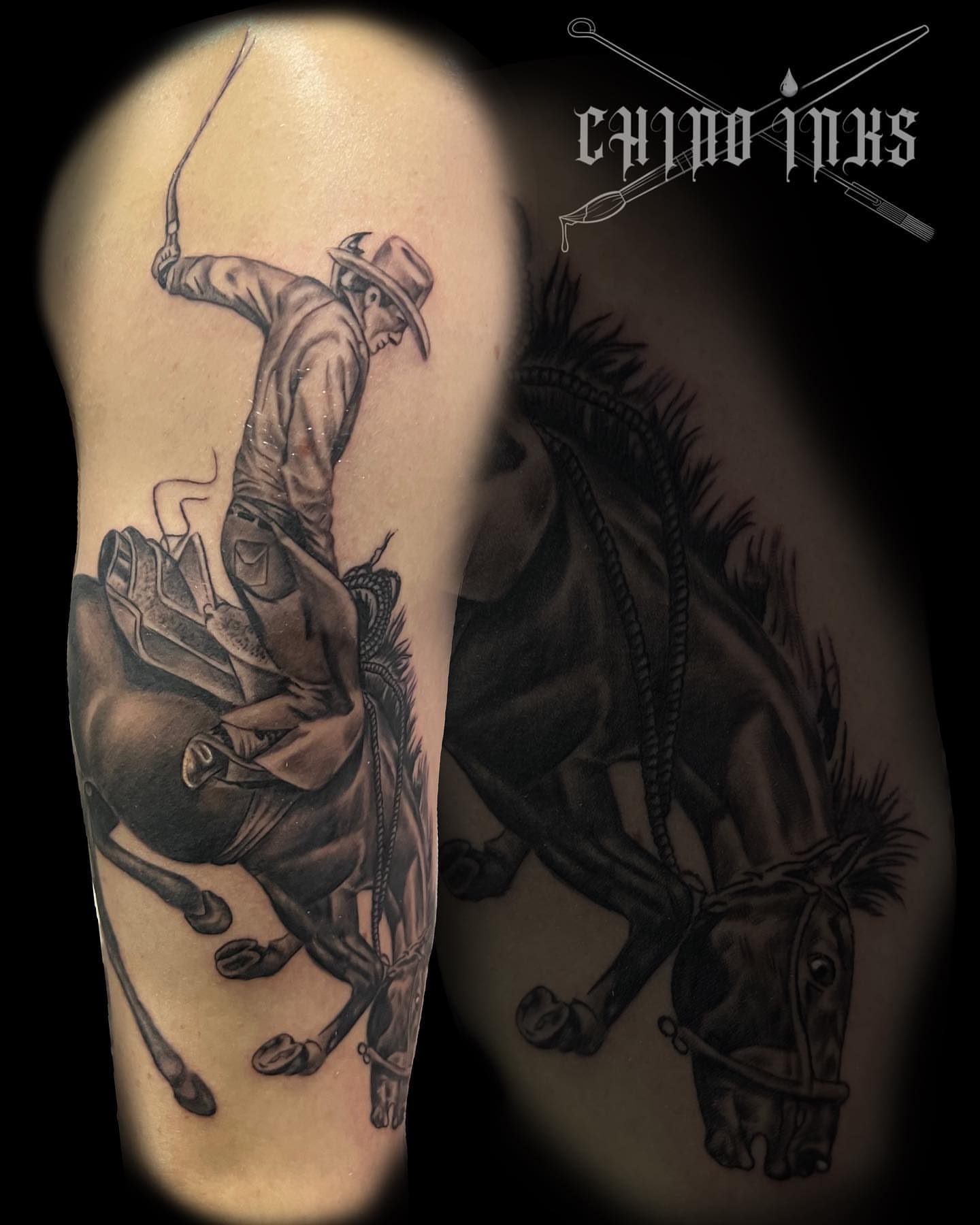 Cowboy riding horse realism tattoo on the forearm by CHiNO iNKs