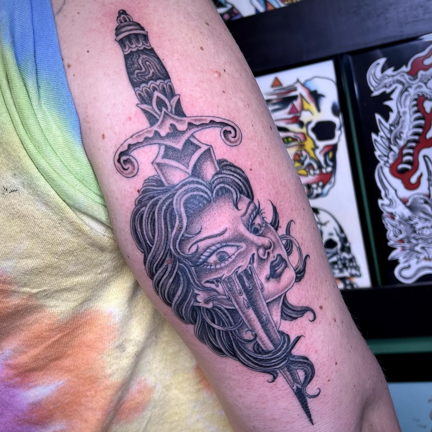 Woman with dagger American traditional tattoo on the forearm by ⛓ Emily ⚔️ Milja ⛓