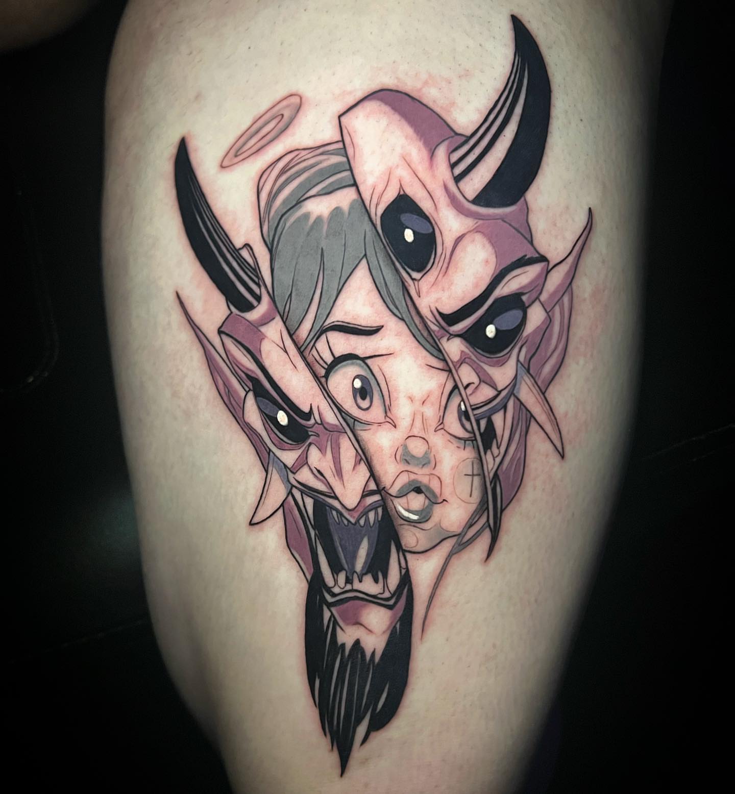 Demon dark realism tattoo on the thigh by Tim Stafford