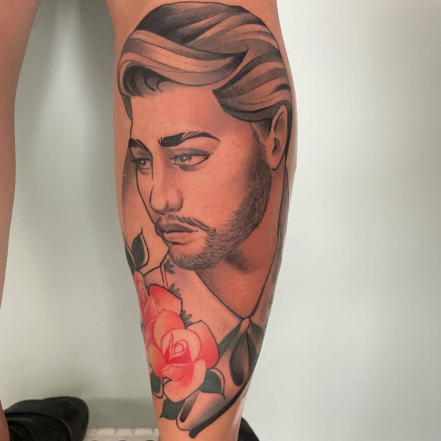 Portrait with roses realism tattoo on the forearm by Angel, Salt Lake City, Utah