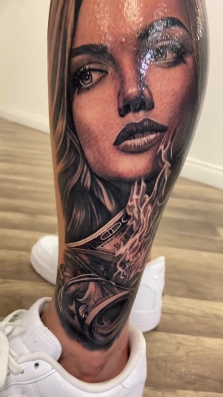 Woman with mechanical elements realism tattoo by Joshua ramirez, Montebello, California