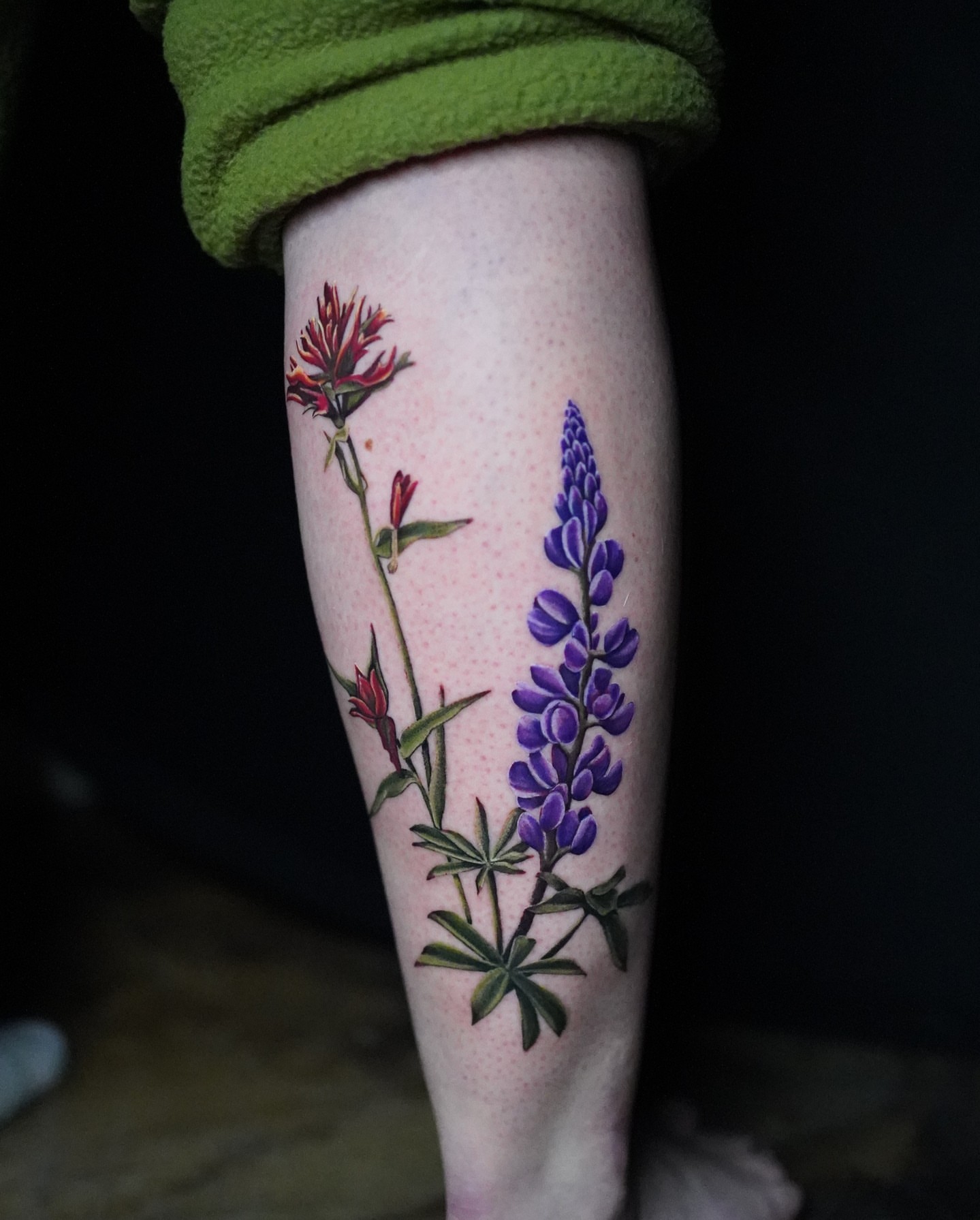 Flowers realism tattoo on the calf by Shar - Utah Tattoo Artist
