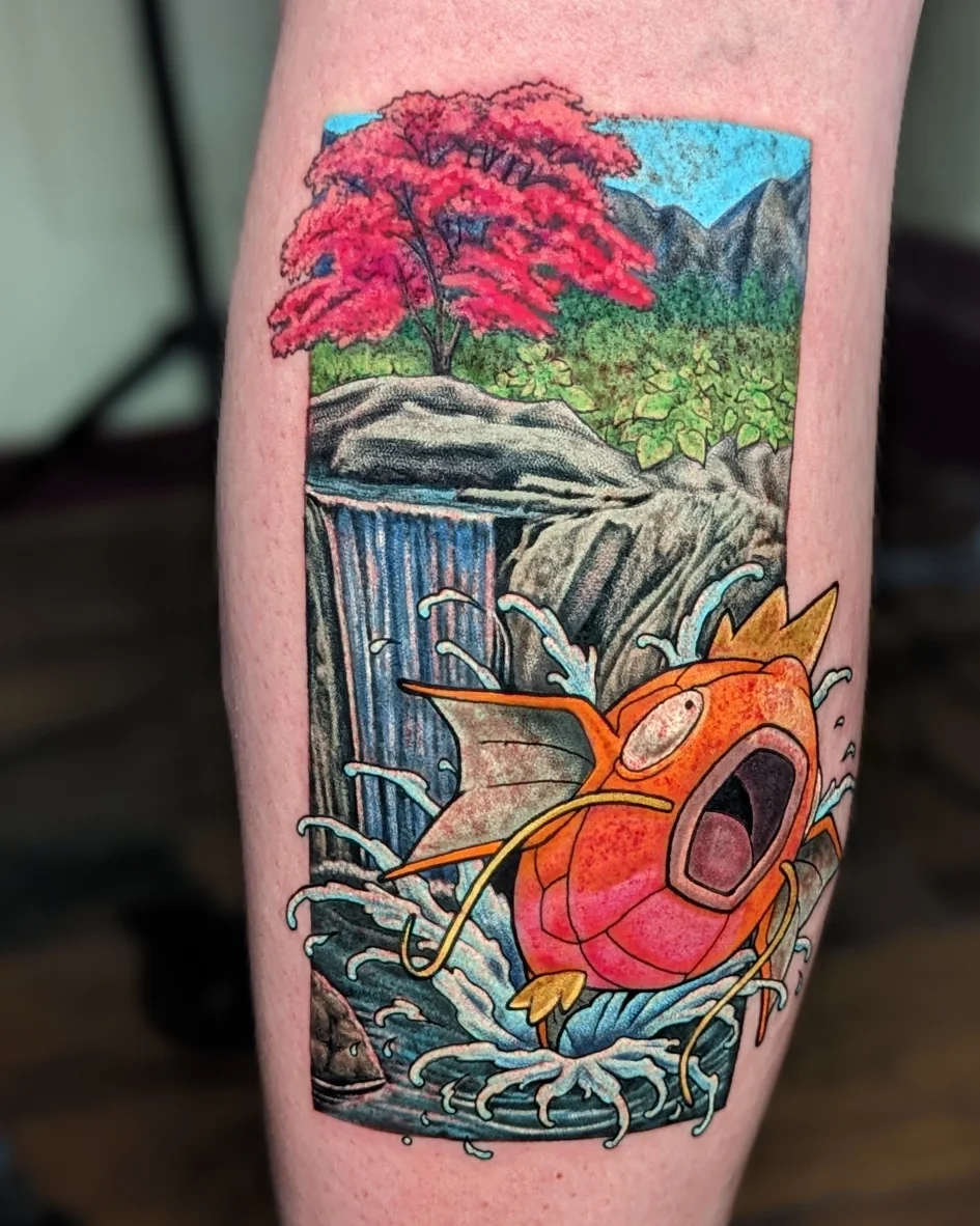Charizard waterfall landscape new school tattoo on the forearm by Jay Trip