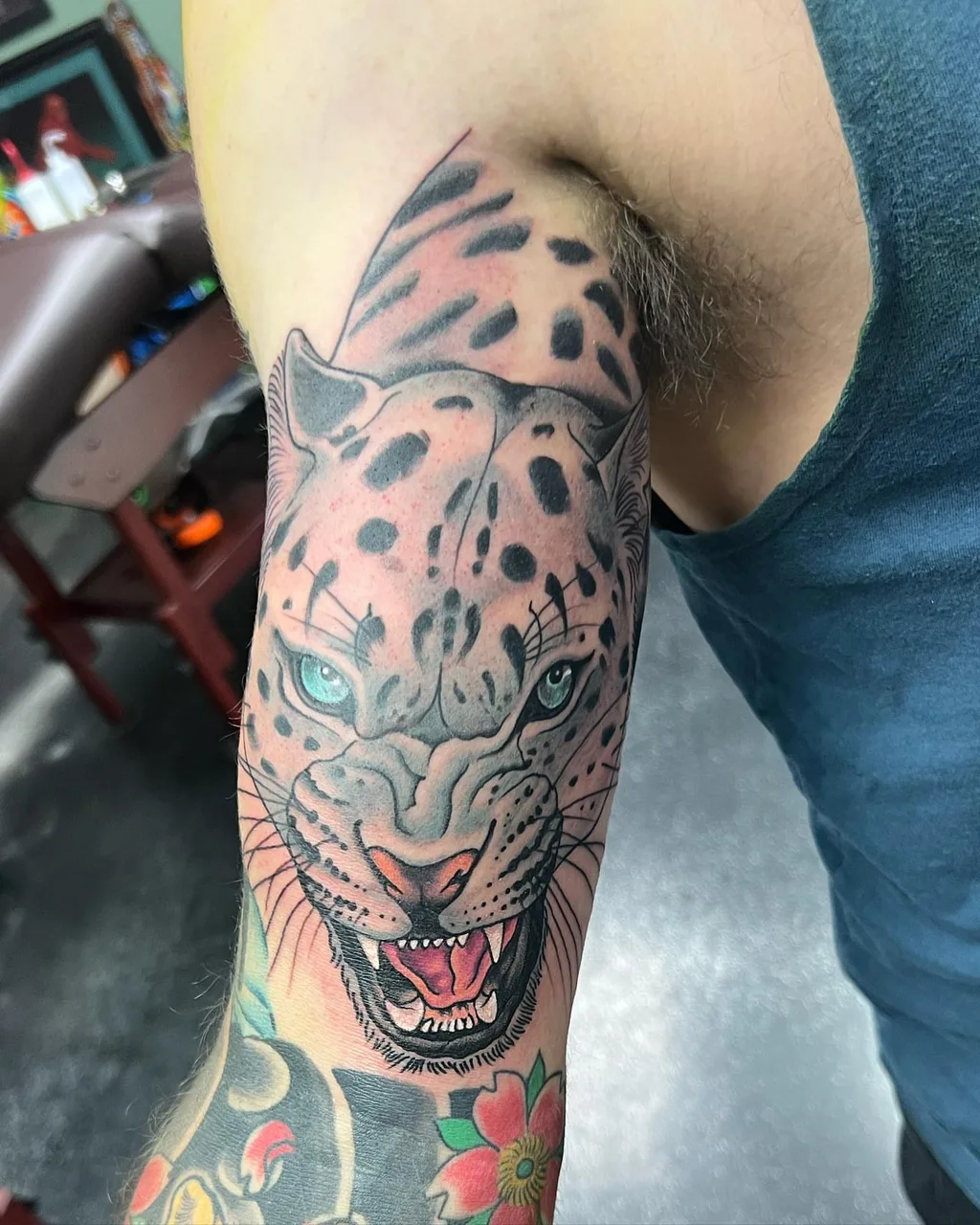 Leopard realism tattoo on the forearm by Brad Hill, Franklin, Tennessee