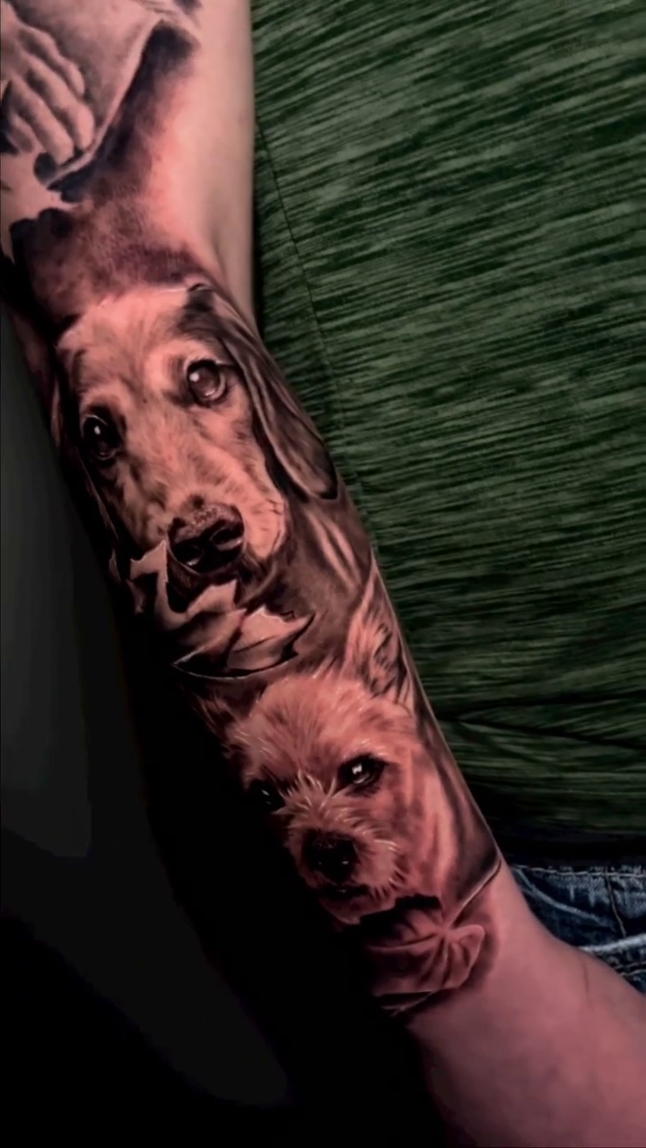 Dogs and cat realism tattoo by Kelsea Lake Schack