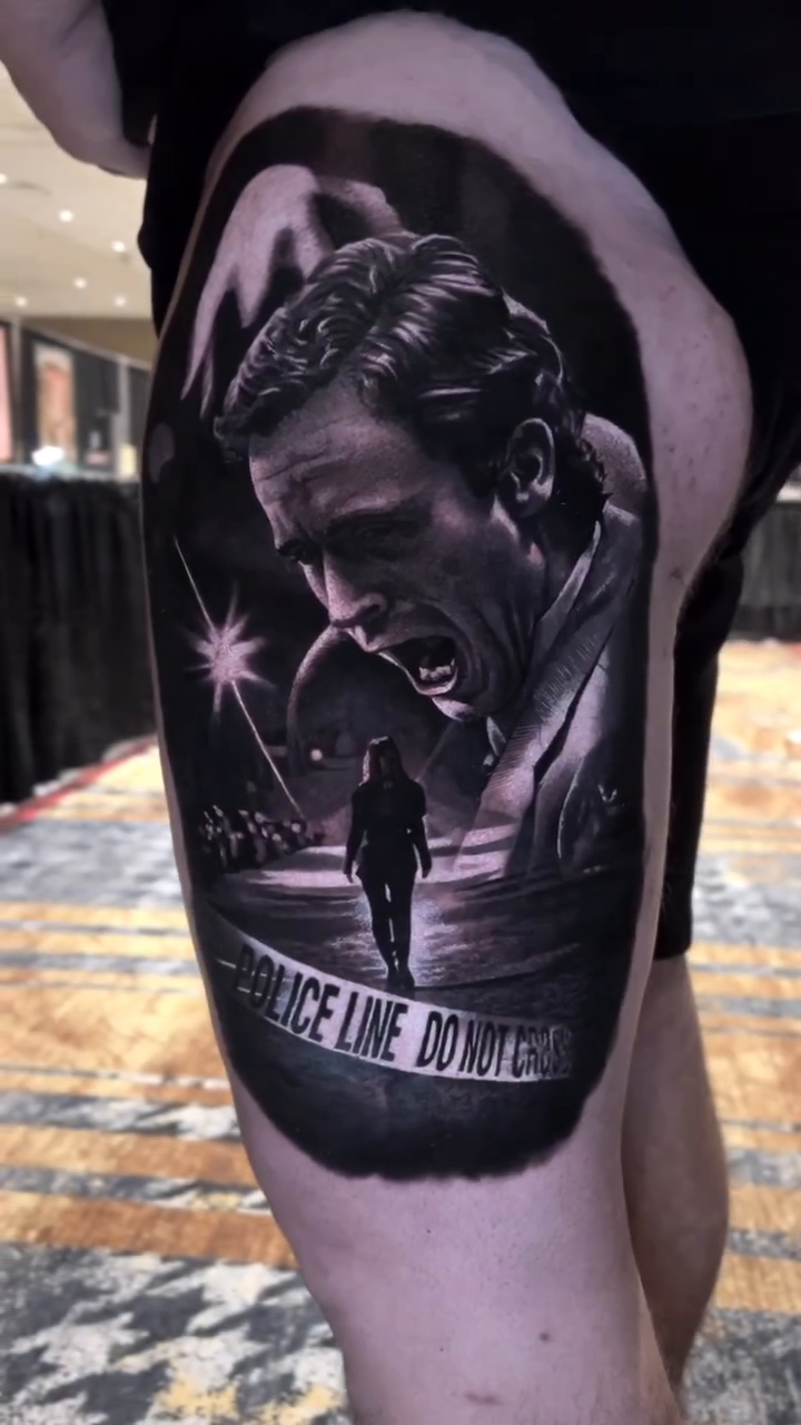 Man's portrait and silhouette realism tattoo by Travis Chick