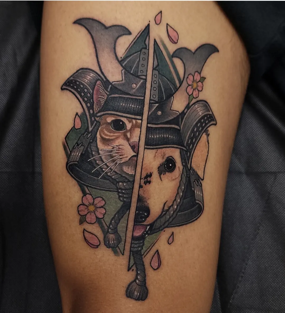 Cat and dog samurai japanese irezumi tattoo on the thigh by Joanna Nguyen ♈
