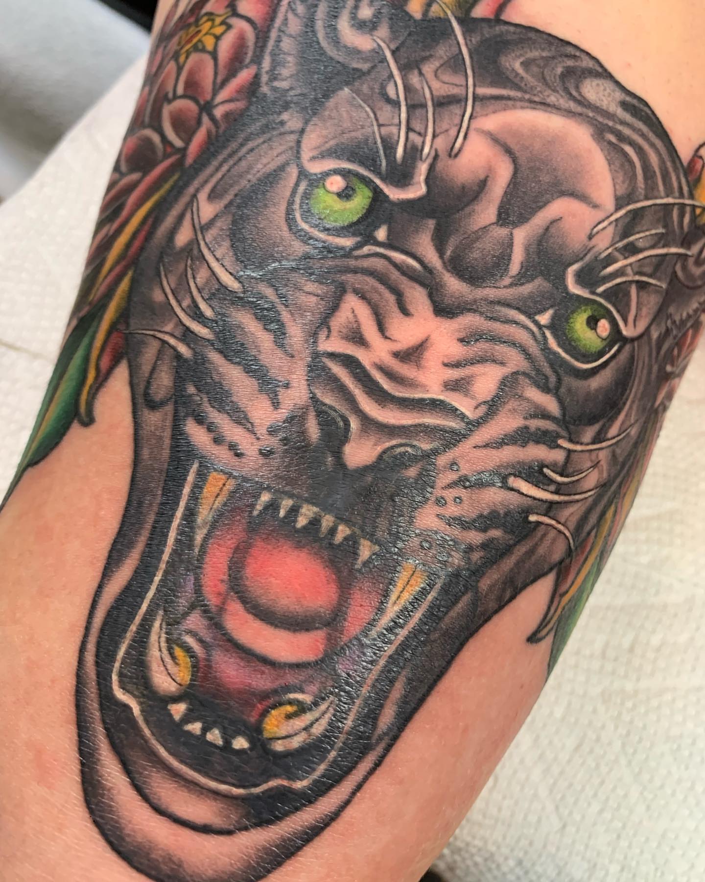 Japanese demon mask japanese irezumi tattoo on the forearm by ATLANTA Queer Tattooer