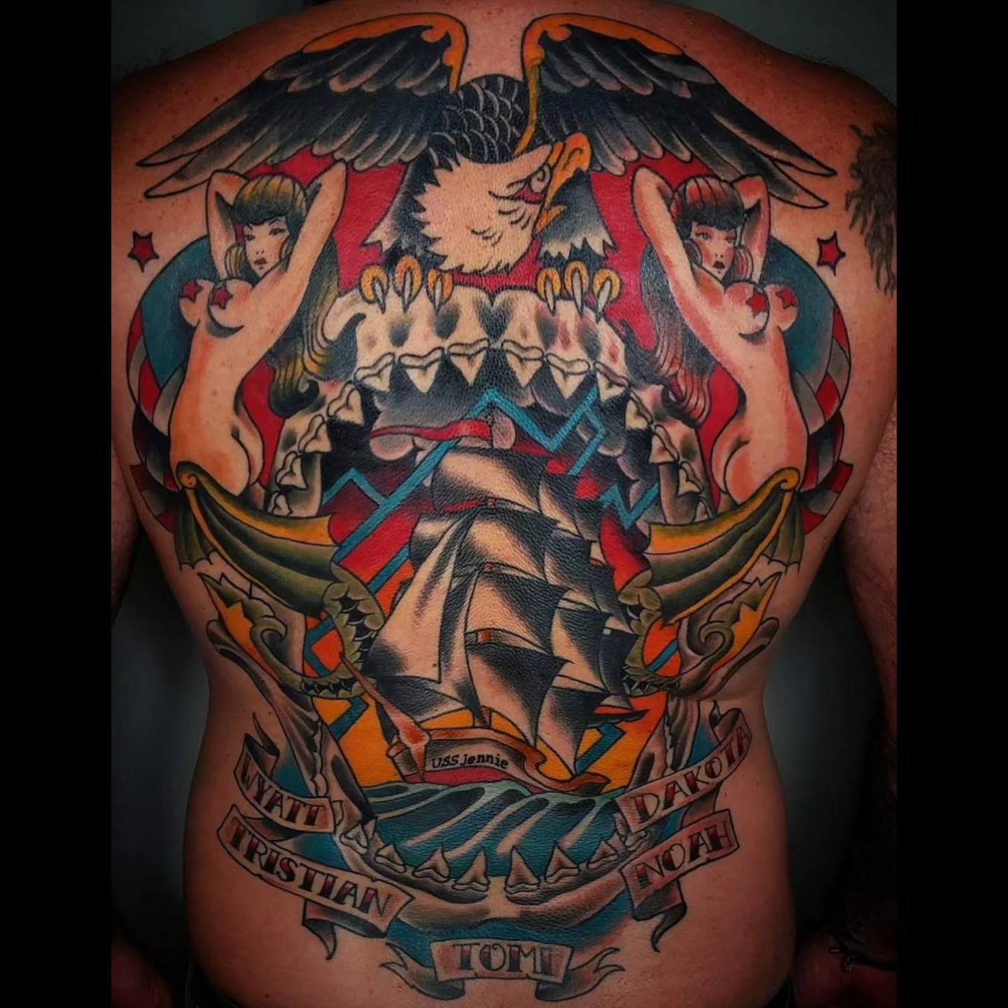 Shipwreck with mermaids American traditional tattoo on the back by Ben Friday, Phoenix, Arizona