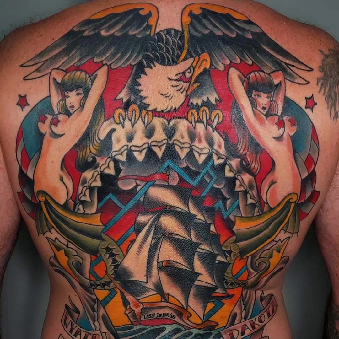 Winged creature with two women American traditional tattoo on the back by Ben Friday, Phoenix, Arizona