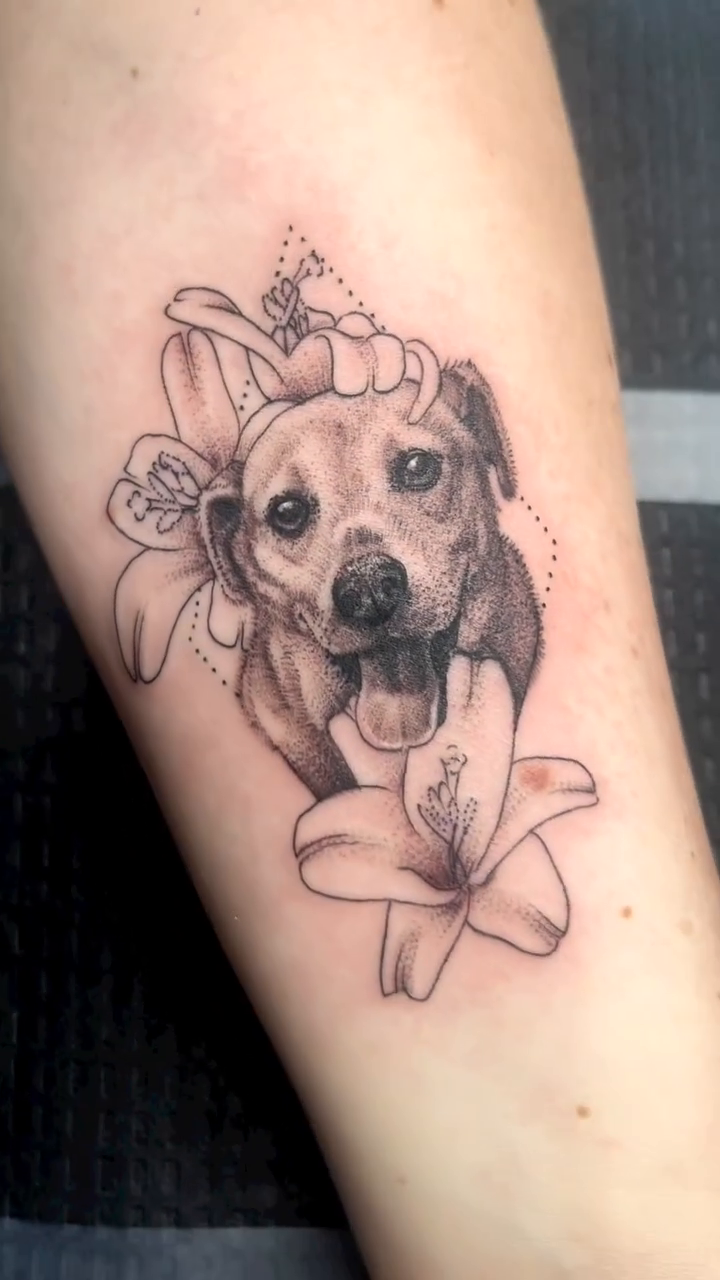 Dog with flowers realism tattoo by 𓆏 Alyssa Carbonara 𓆏
