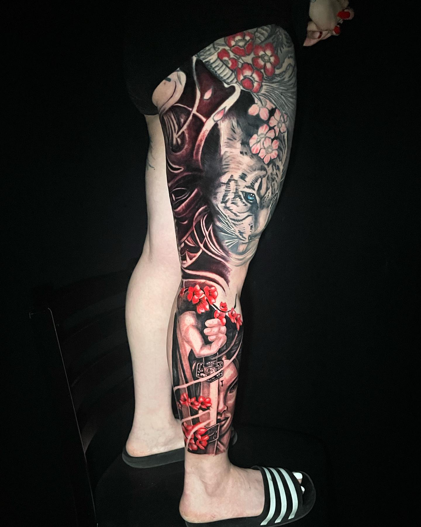 Geisha with cherry blossoms japanese irezumi tattoo on the calf by BillydaKid