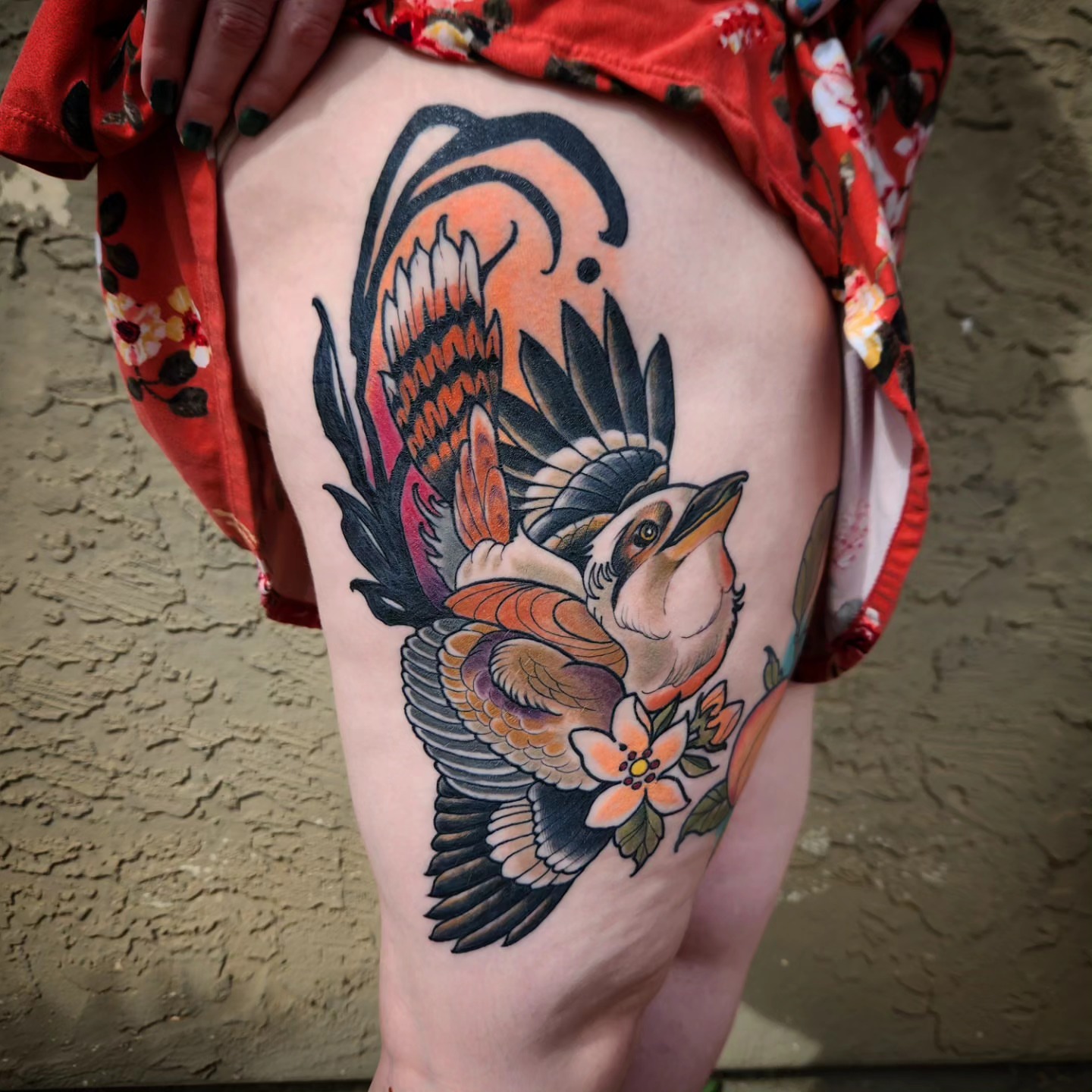 Bird and flower American traditional tattoo on the thigh by Ben Friday, Phoenix, Arizona