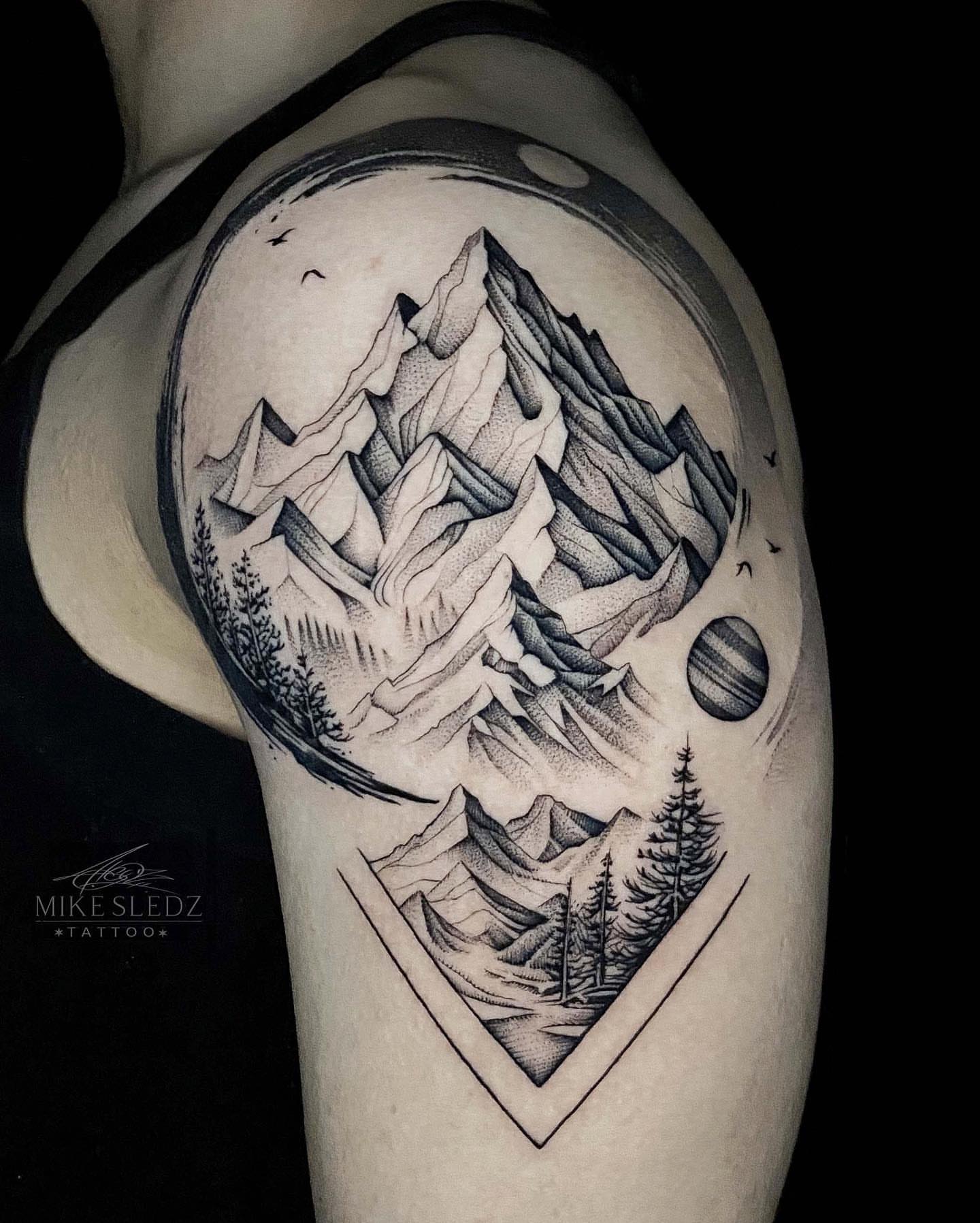 Mountain landscape dotwork tattoo on the shoulder by ✶ MIKE SLEDZ ✶ Chicago Tattoo Artist