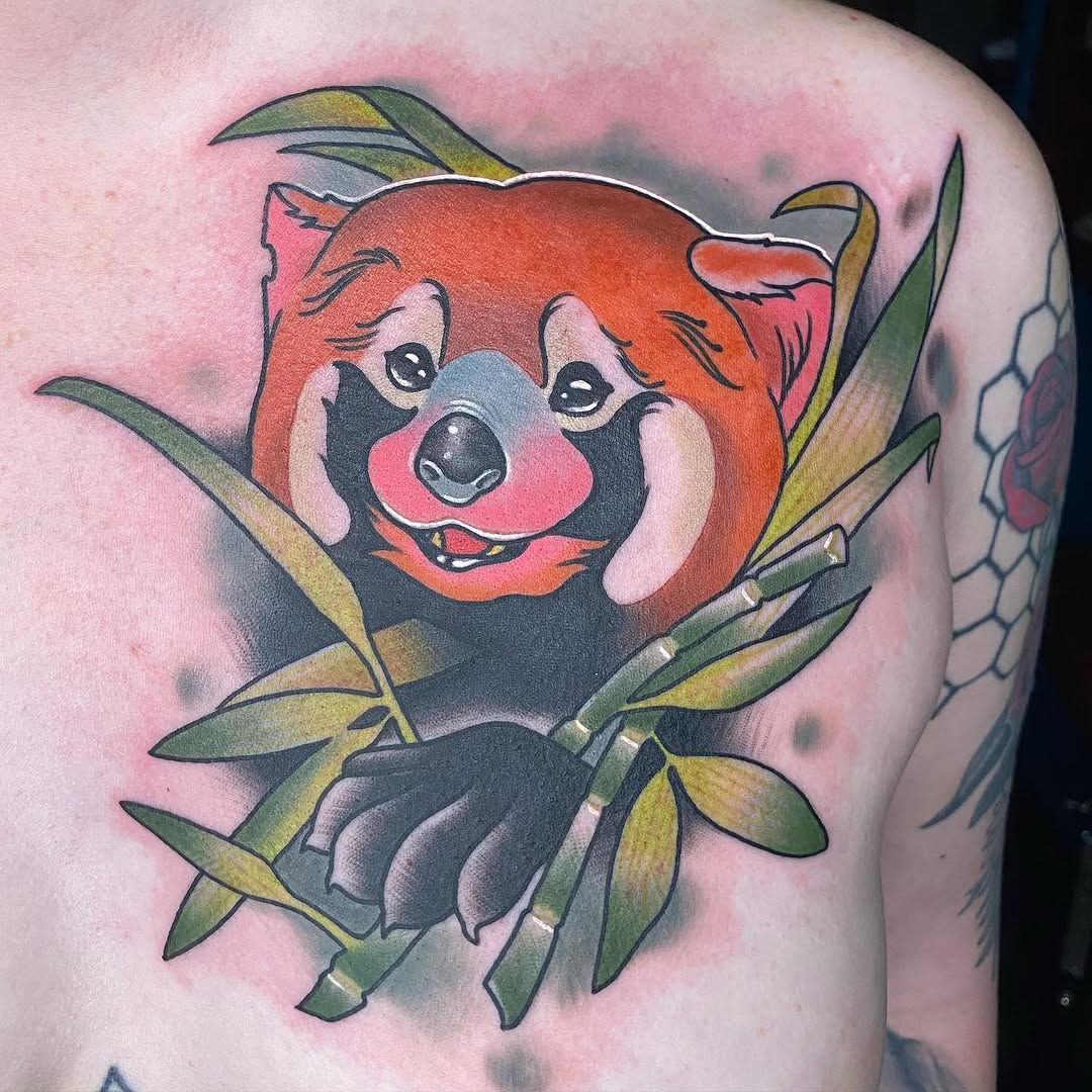 Red panda with bamboo neo-traditional tattoo on the shoulder by Duff McCormack