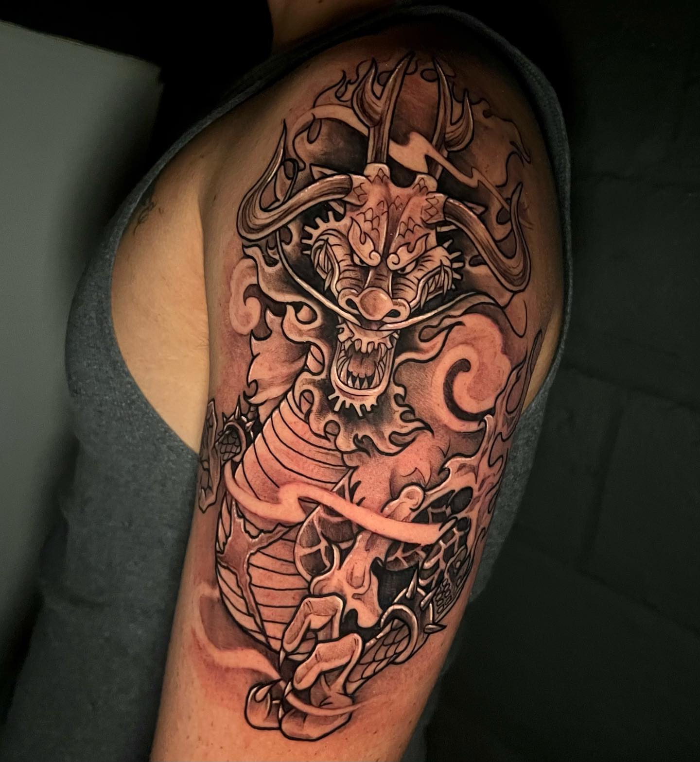 Samurai helmet japanese irezumi tattoo on the shoulder by emi