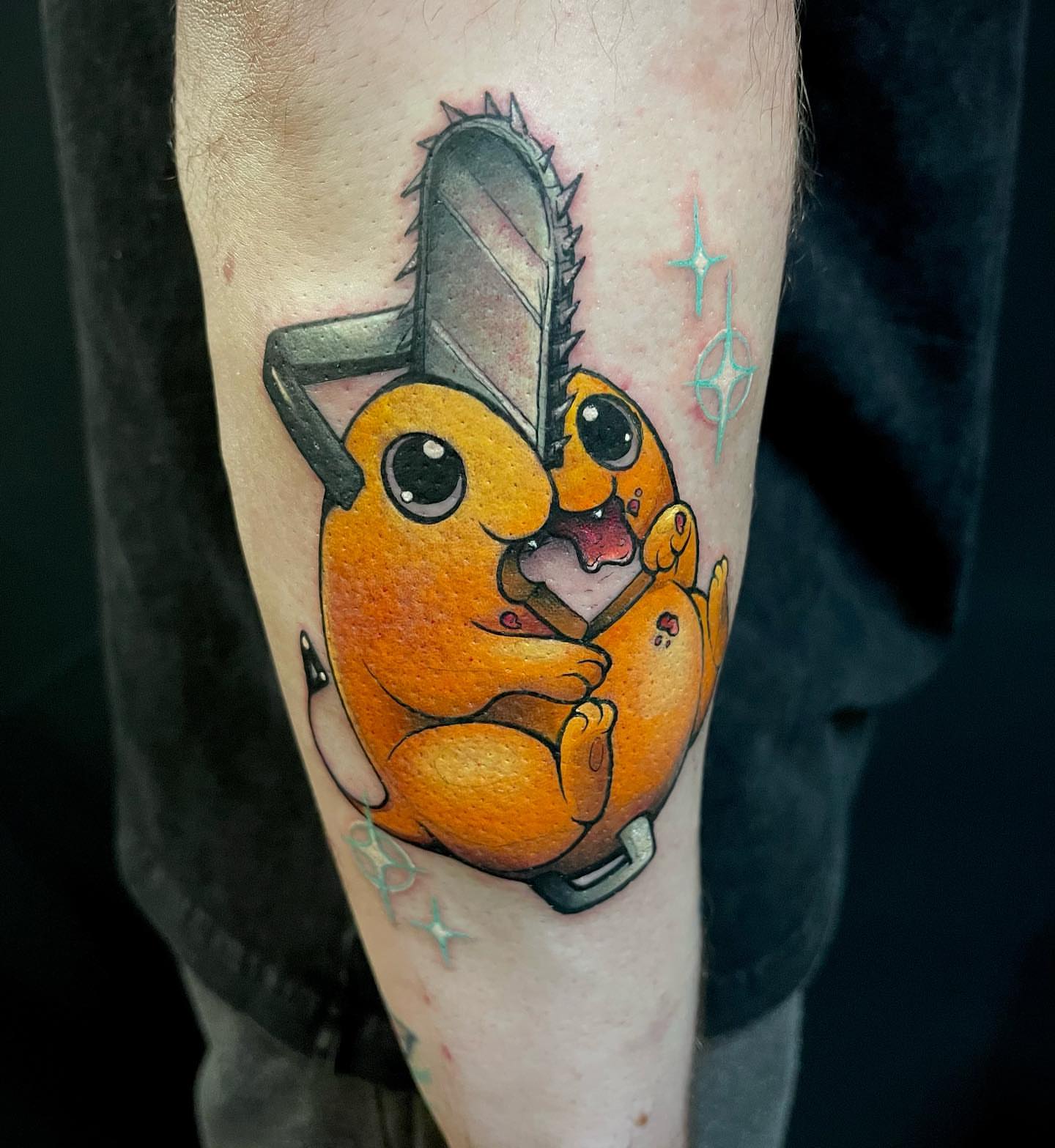 Pikachu with chainsaw dotwork tattoo on the forearm by Lexx Christine