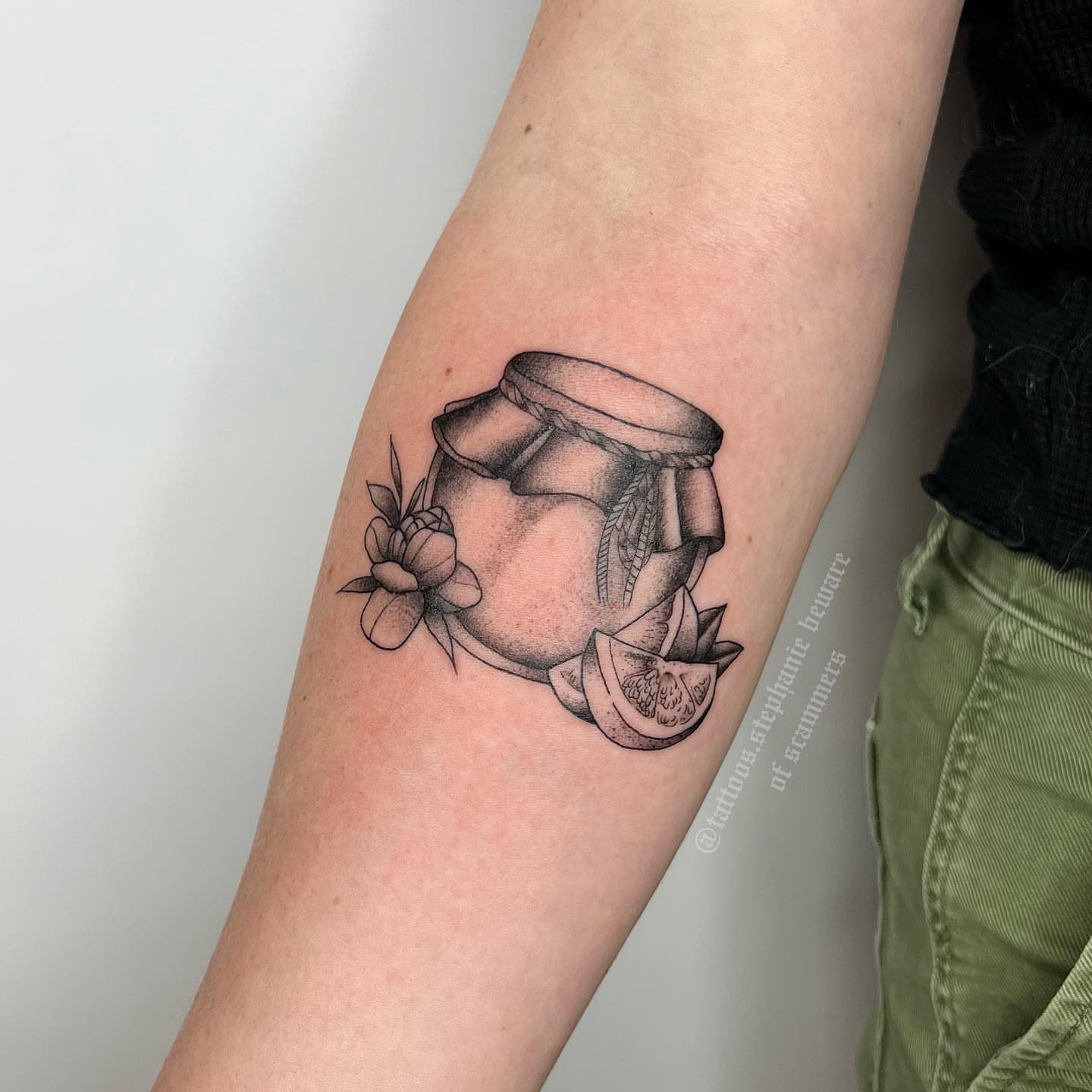 Jar and flowers dotwork tattoo on the forearm by ⊹ ࣪ ₊✩‧₊˚ 𝖘 𝖙 𝖊 𝖕 𝖍 𝖆 𝖓 𝖎 𝖊 ˚₊‧✩₊ ࣪ ⊹