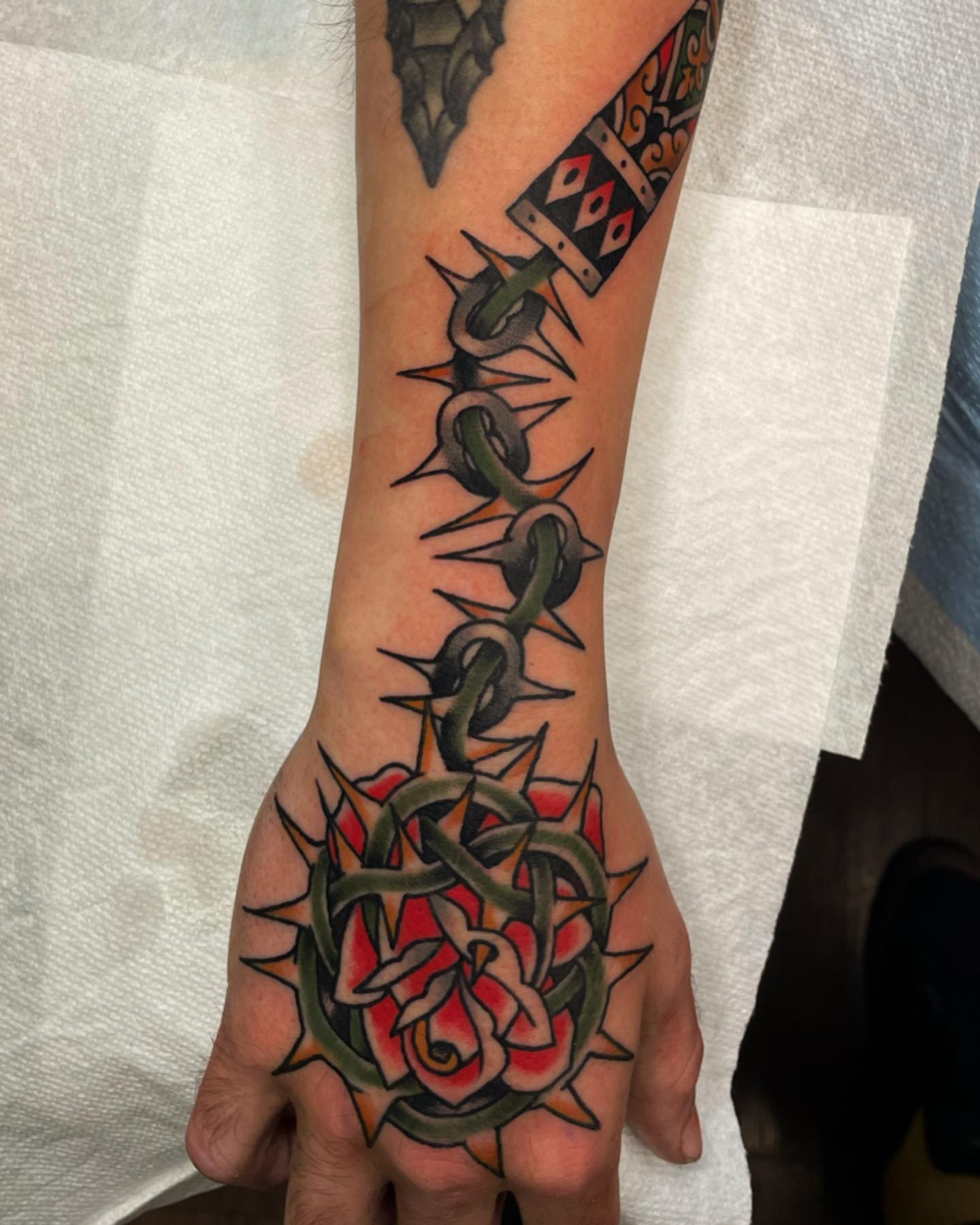 Rose and thorns neo-traditional tattoo on the hand by derrick b. π² Modern Traditional Tattoo