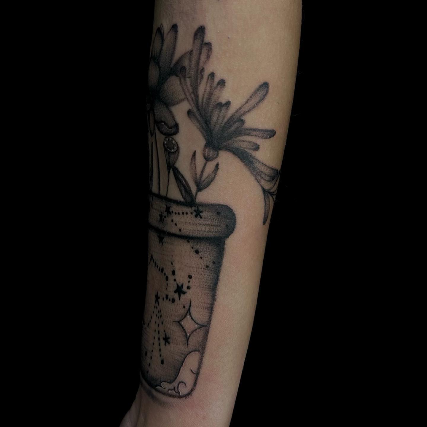 Tattoo by @deadgirltatting — dotwork, black_and_grey