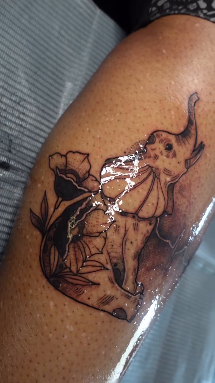 Elephant with flowers fine line tattoo by 2realink - Tattoo Artist
