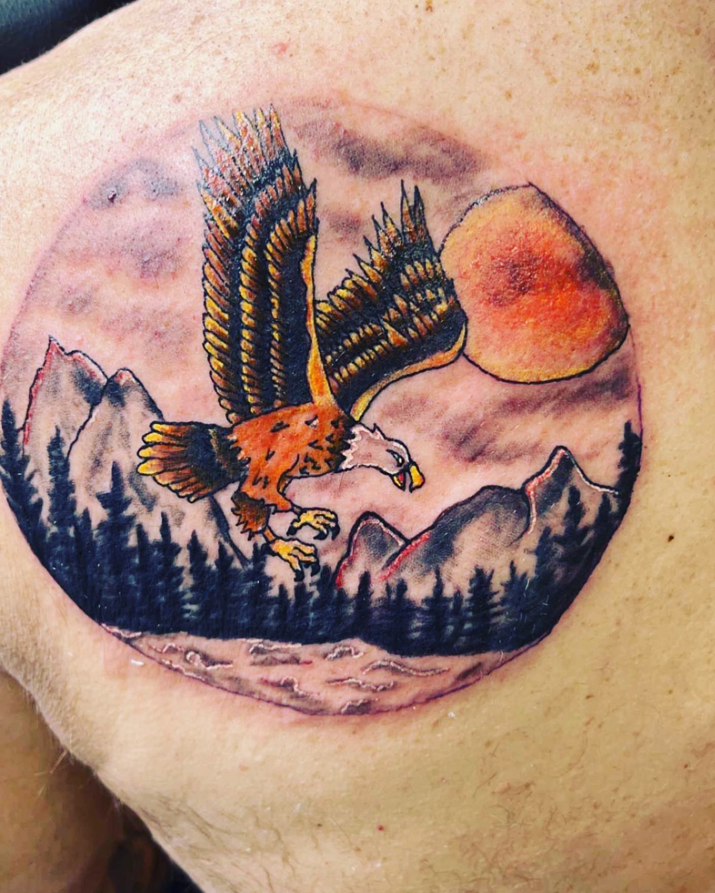 Eagle American traditional tattoo on the thigh by Frankie Sodapop Plumley