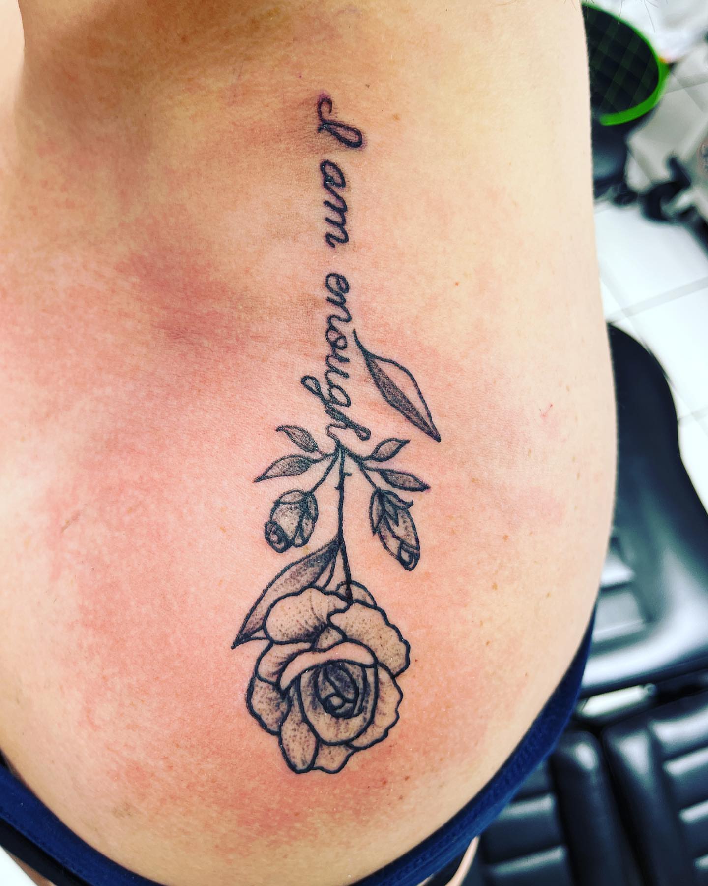 Rose and script black and grey tattoo by Frankie Sodapop Plumley