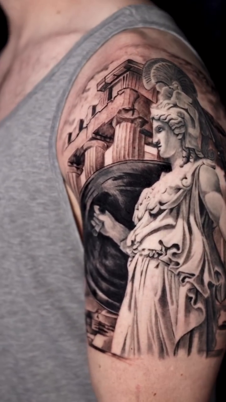 Athena statue realism tattoo by Binn Binn - Houston Tattoo Artist