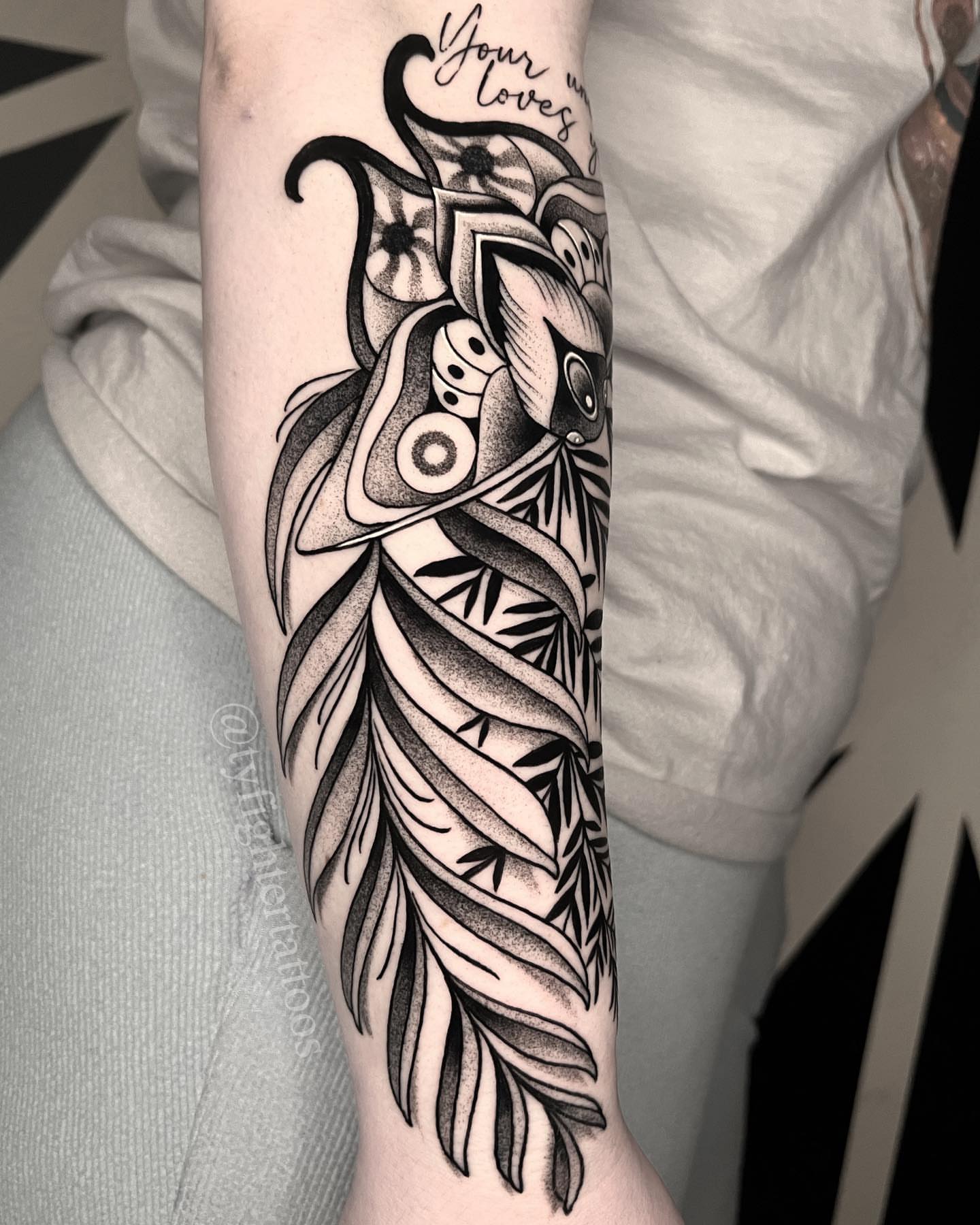 Feather dotwork tattoo on the forearm by Ty engler, Northglenn, Colorado