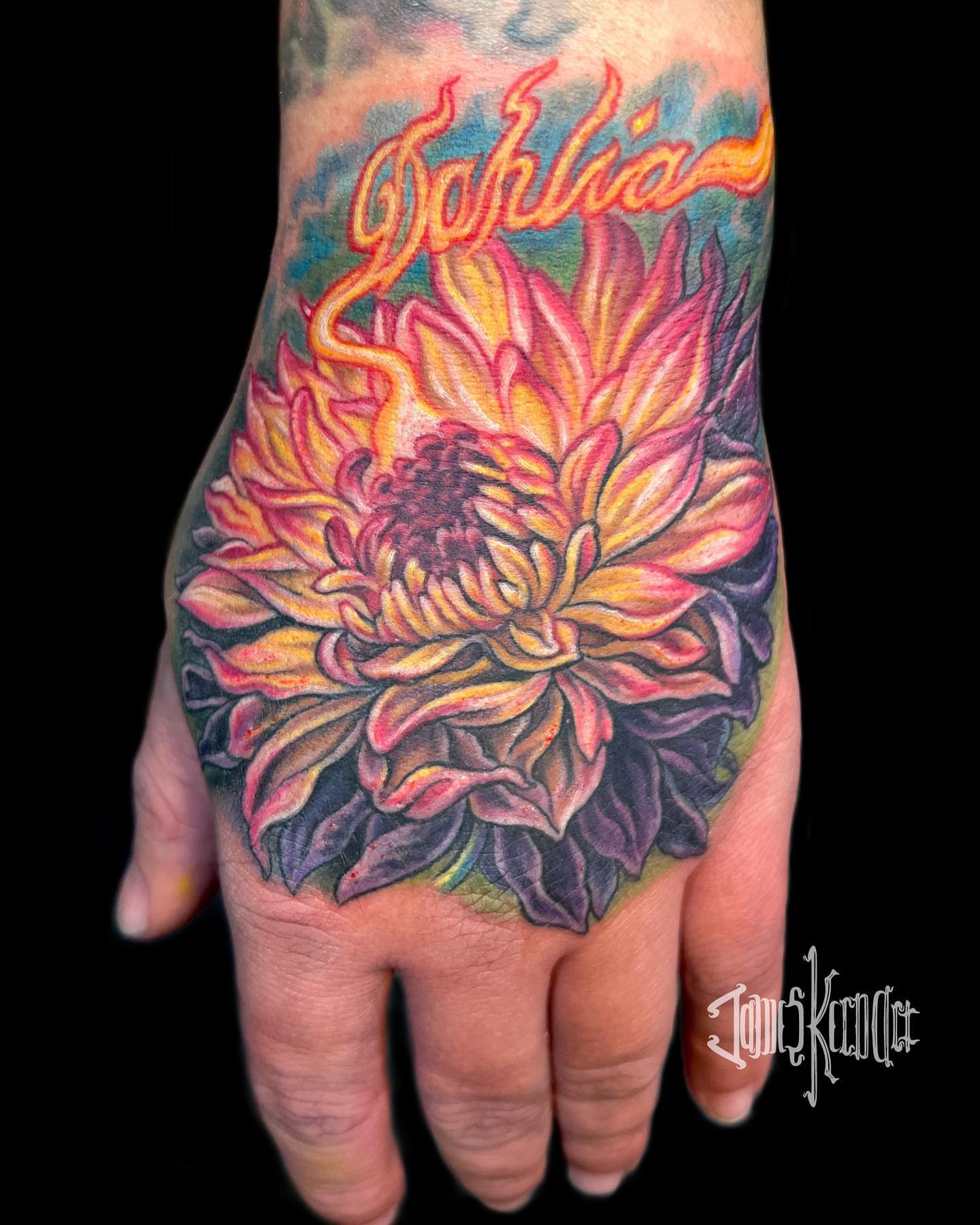 Dahlia realism tattoo on the hand by James Kern * Visionary Tattoo Artist *