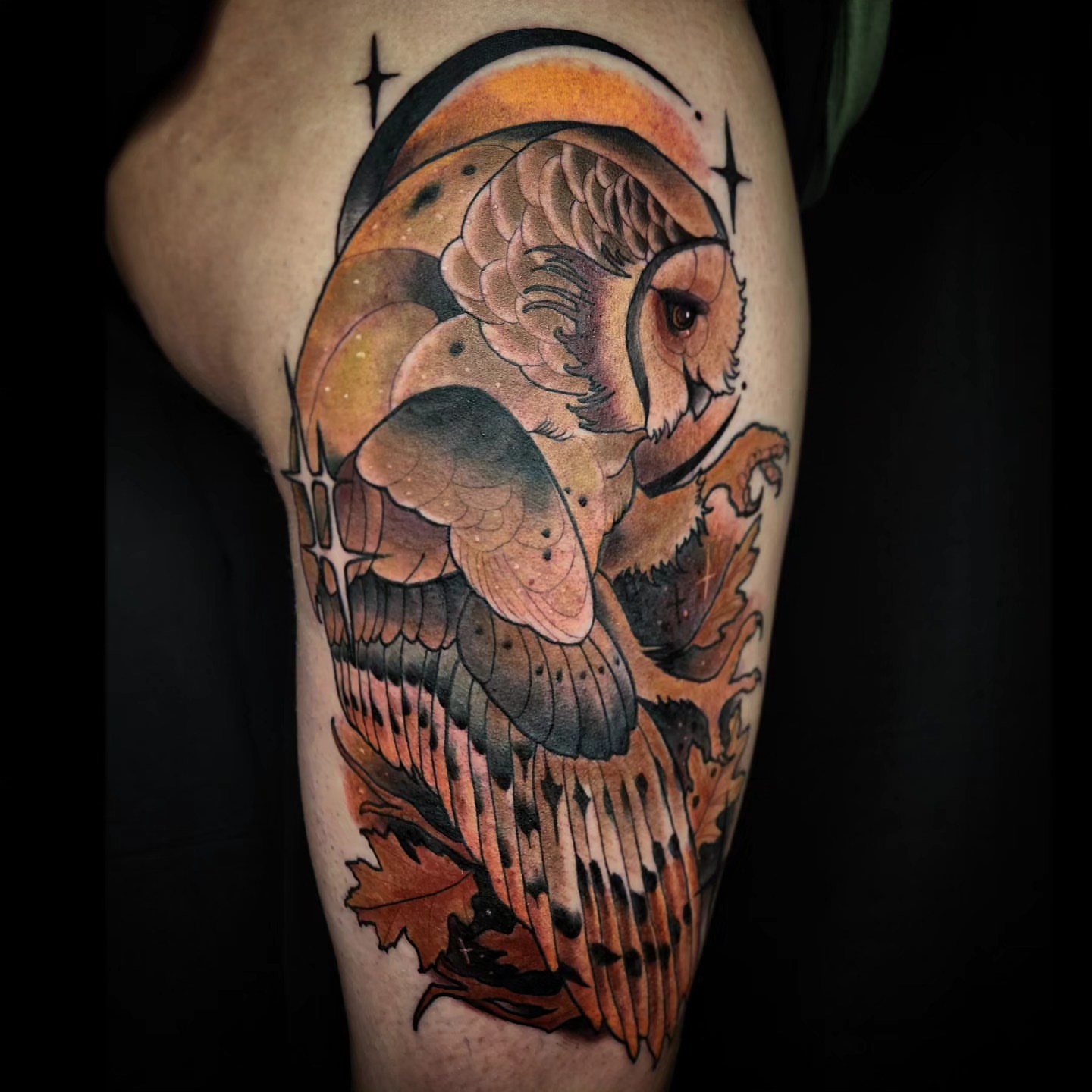 Owl American traditional tattoo on the thigh by Ben Friday, Phoenix, Arizona
