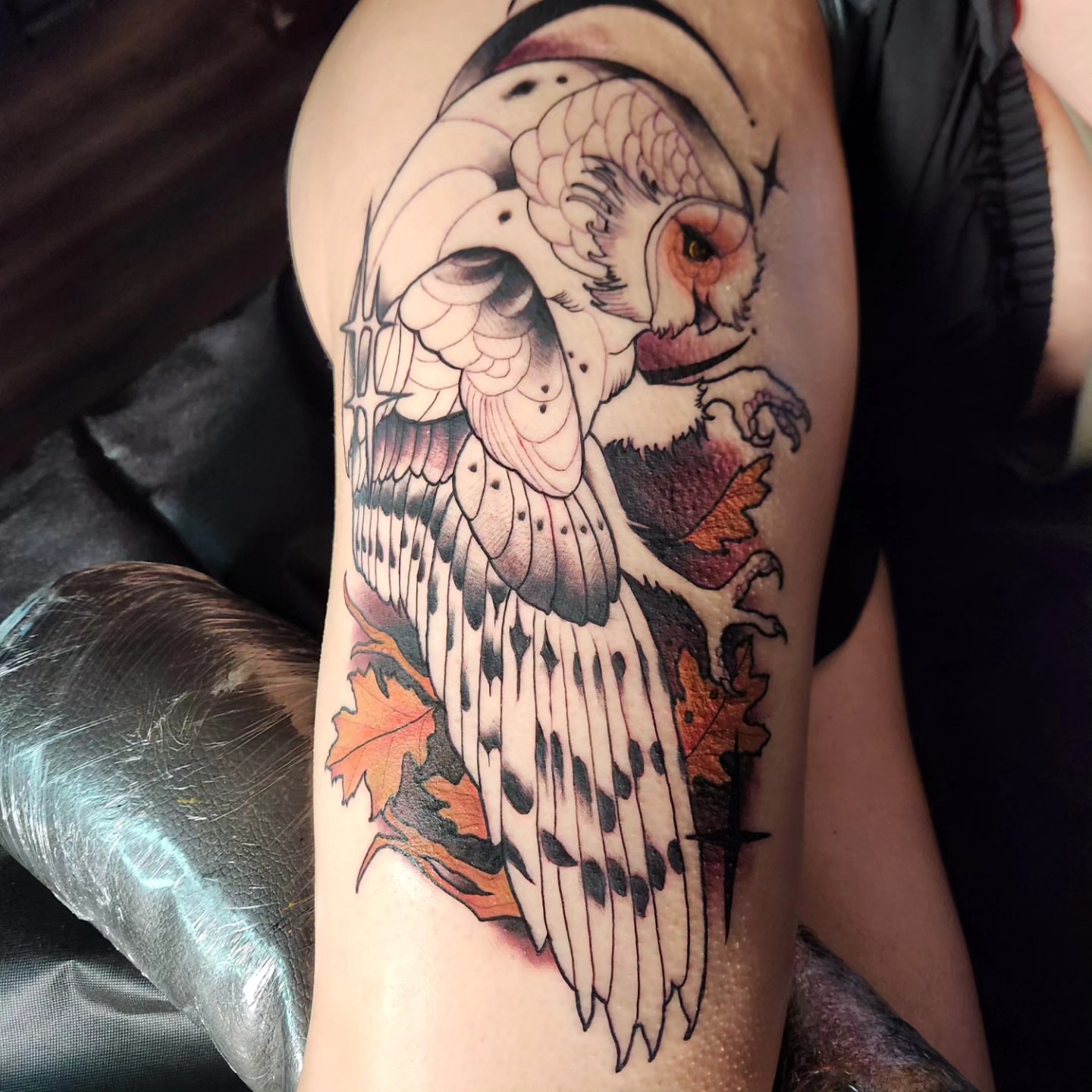 Owl realism tattoo on the forearm by Ben Friday, Phoenix, Arizona