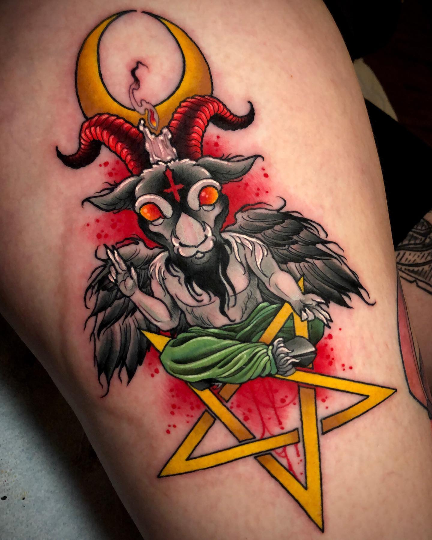 Goat-headed demon American traditional tattoo on the thigh by π΅πππ πΎπππππππ, Penndel, Pennsylvania