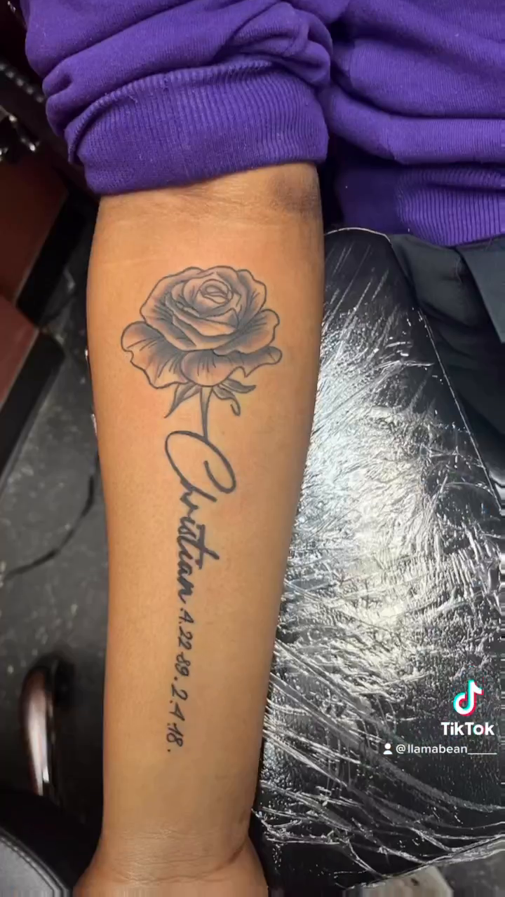 Rose and lettering realism tattoo by Alyssa Turner