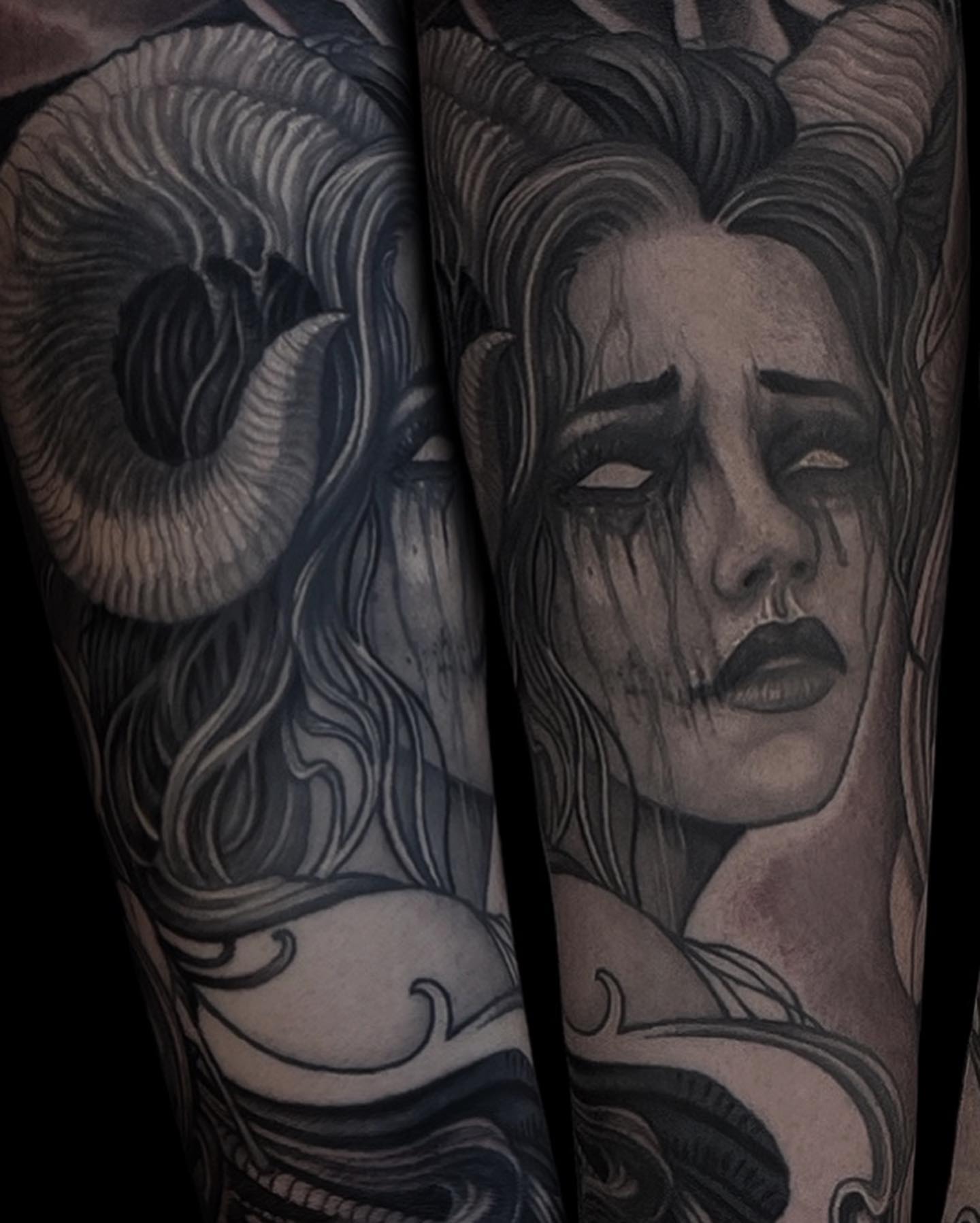 Woman with ram horns realism tattoo on the forearm by Brett Herman, Denver, Colorado