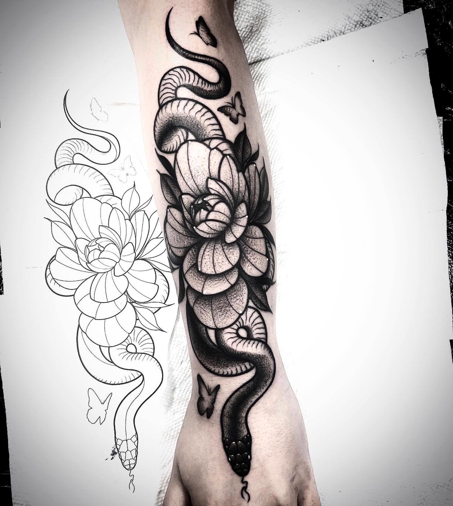 Snake and peony dotwork tattoo on the forearm by Jared🗡Hughes