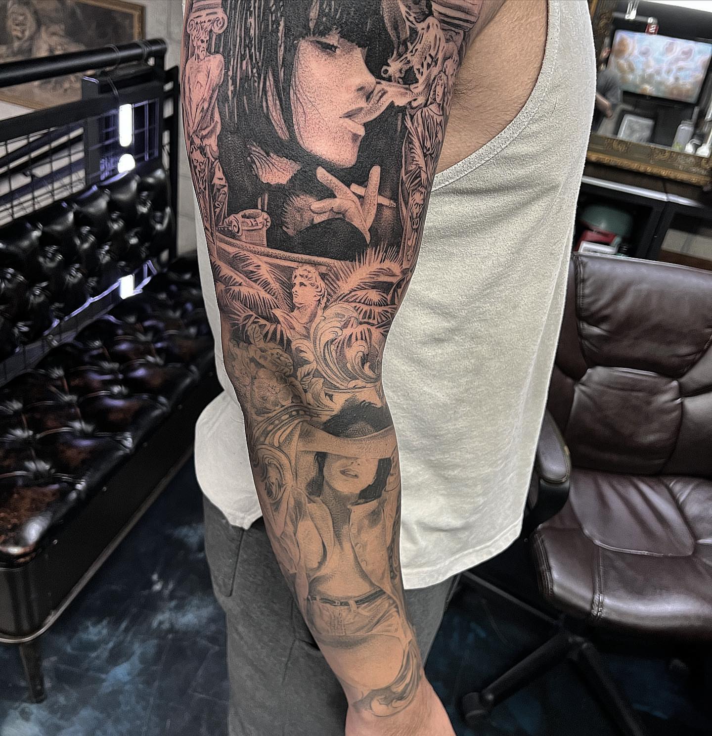 Smoking woman dotwork tattoo on the forearm by Creeper tattoo
