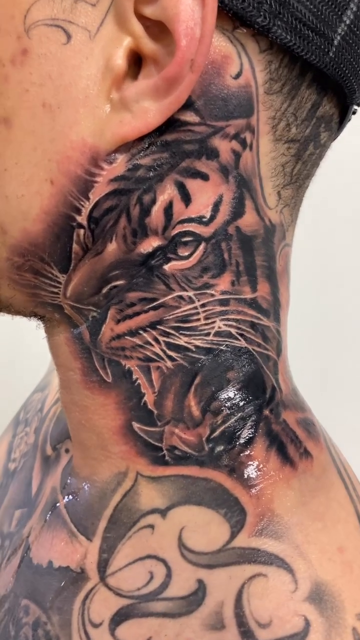 Tiger face realism tattoo by Joshua ramirez, Montebello, California