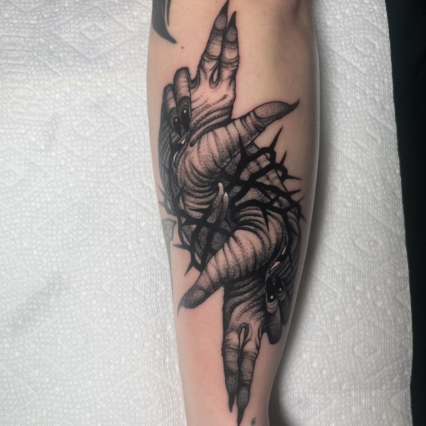 Tattoo by @saralewistattoo — dotwork, black_and_grey