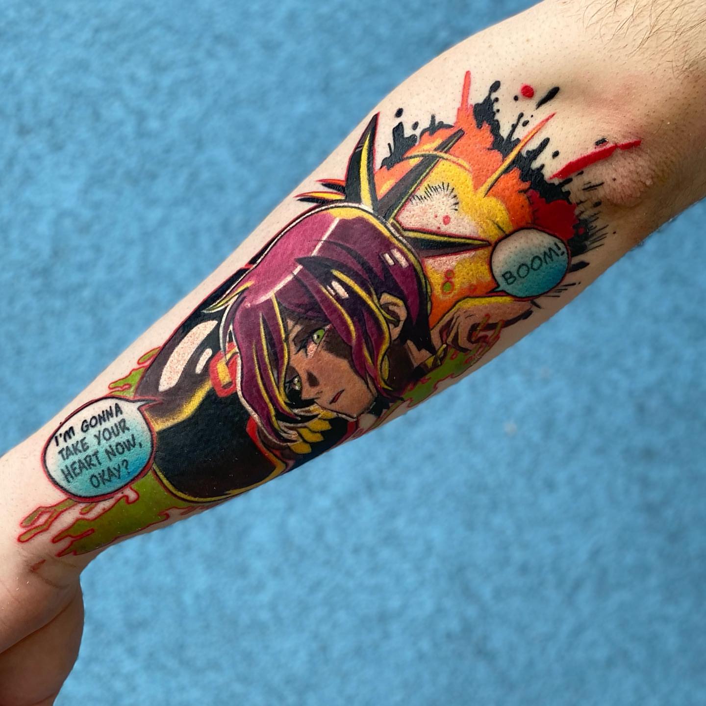 Anime character anime tattoo on the forearm by Rat Girl, Dayton, Ohio